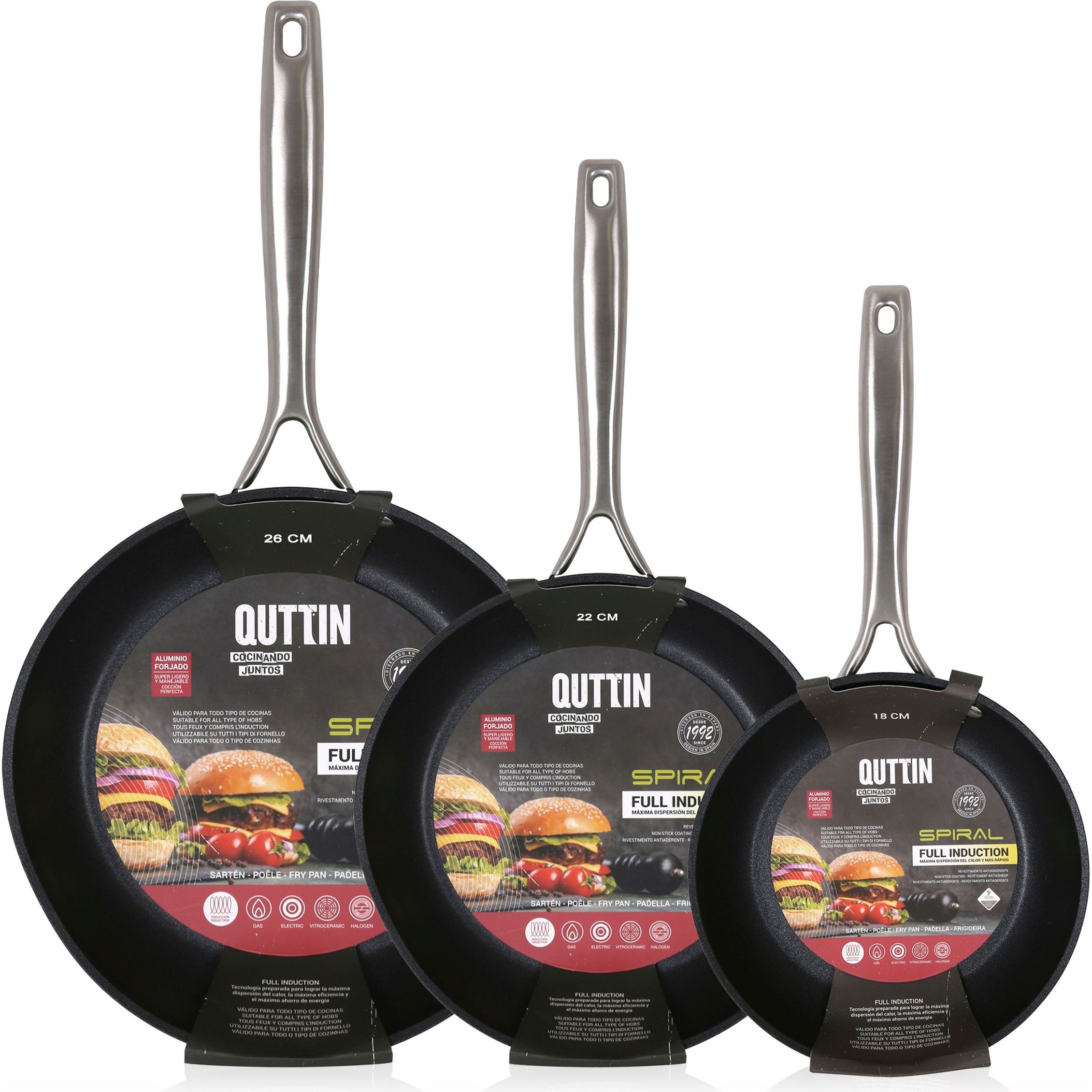 QUTTIN - Set de 3 Sartenes Aluminio Forjado (18, 22, 26 cm) Full Inducción - Colección Spiral - Antiadherentes y Resistentes con Mango Ergonómico - Aptas para Todas las Cocinas | Amystyle