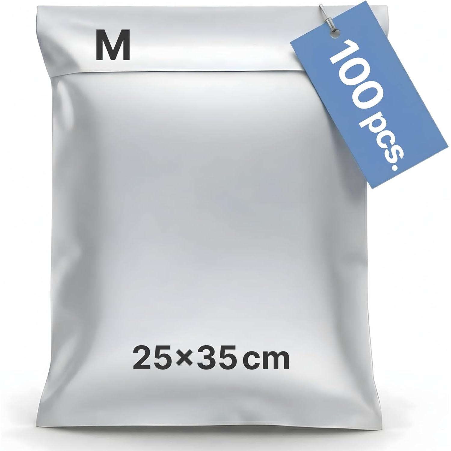 Pack de 100 bolsas de envío M 25x35 cm | Sobres de envío de plástico para ropa | Bolsas opacas e impermeables para paquetes | Embalaje para Vinted, Wallapop y ecommerce