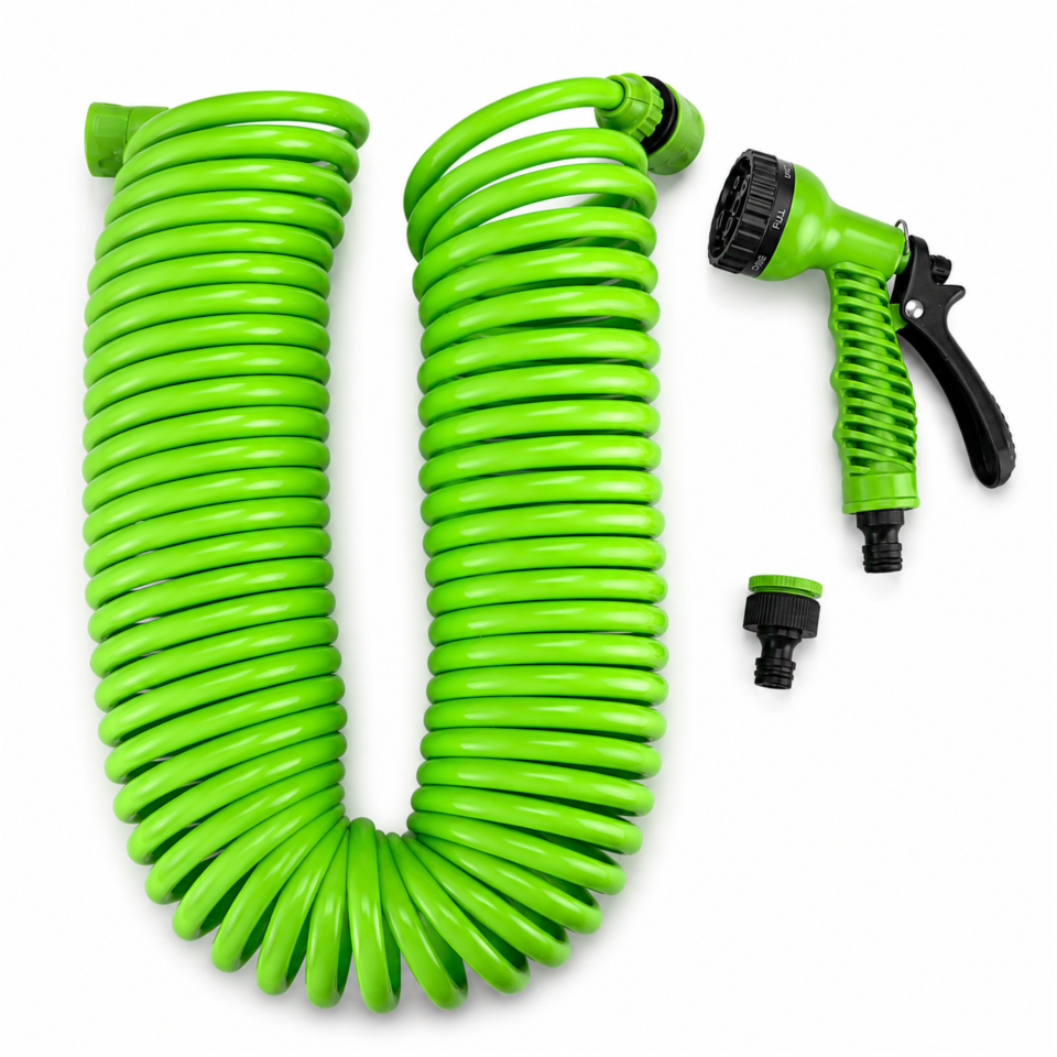 Manguera Espiral Criscolor Garden con Cabezal Multifunción | Pistola de Riego con 7 Posiciones | Manguera de Jardín para Terraza, Patio, Balcón, Huerto, Plantas, Coche y Limpieza Exterior