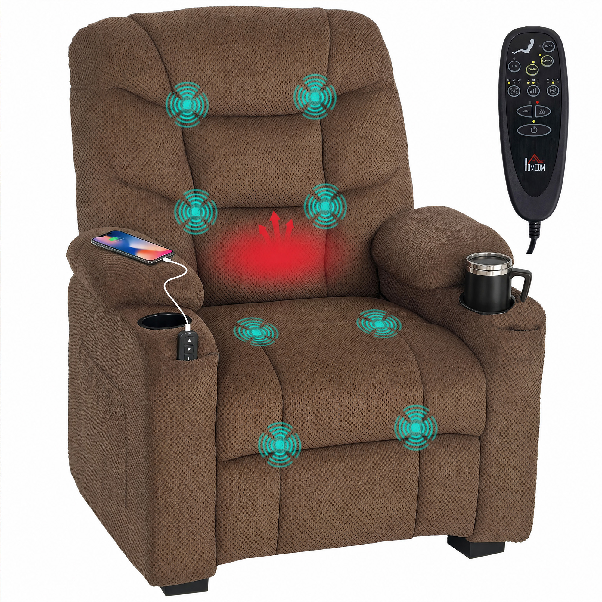 HOMCOM Sillón Relax Reclinable Eléctrico con Calor Lumbar y Masaje Vibración, Sillón Masaje Relax, Motor Silencioso, Función Memoria, Asiento Ancho, Bolsillos, Portavasos, USB, Tela Terciopelo