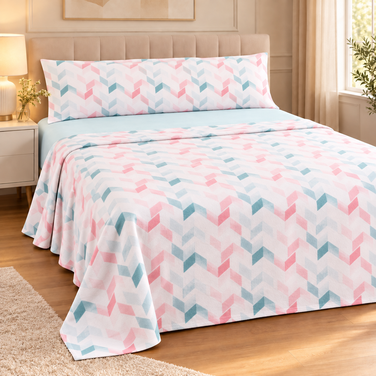 Juego de Sábanas Coralina de 3 Piezas, Suaves y Cálidas para Invierno, Sábana Encimera Estampada, Bajera Ajustable Lisa y Funda de Almohada Larga, 100% Poliéster.