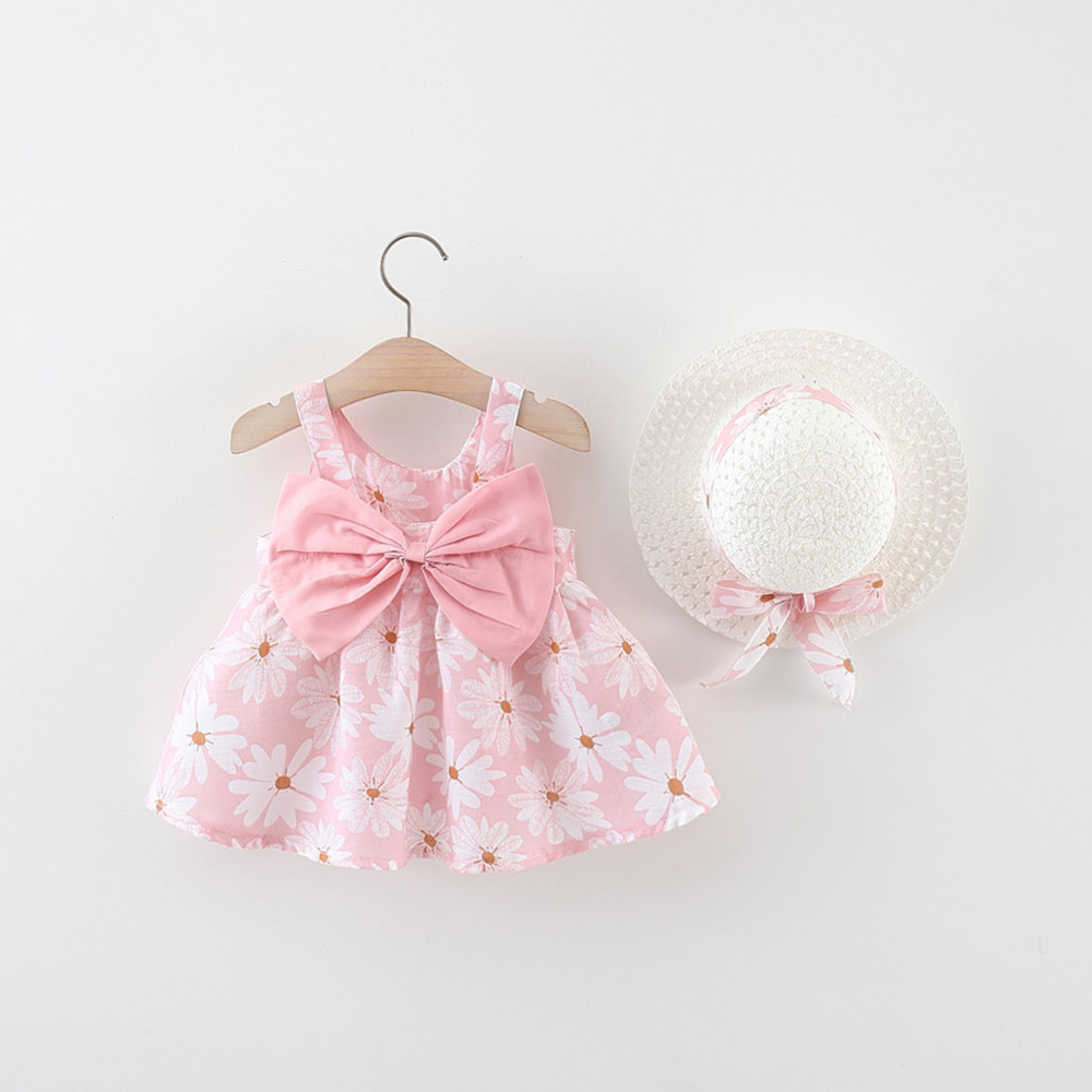 CA Ropa De Bebé Para Verano Vestido De Playa De Algodón Con Suspensión Para Niña + Sombrero De Sol Vestido De Princesa 2 Piezas