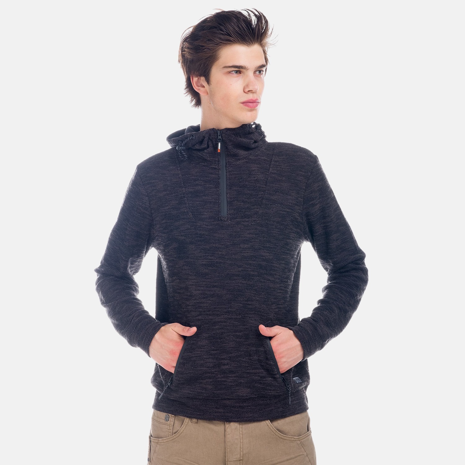 Koroshi - Sudadera hombre con capucha y cremallera asimétrica de felpa jaspeada 65% poliéster 35% algodón para look urbano técnico