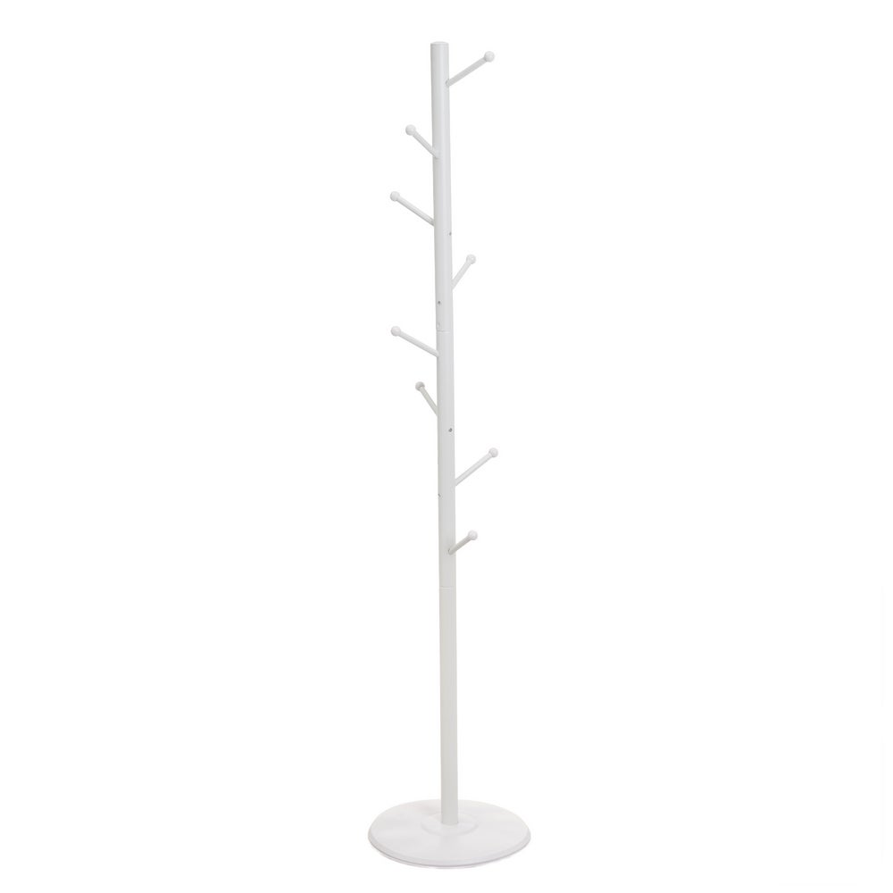 Perchero de pie con 8 brazos de metal blanco y base de cemento de 175 cm Diseño minimalista estable que soporta hasta 12kg. Ideal para organizar abrigos y bolsos en recibidores o dormitorios. CasaSelección