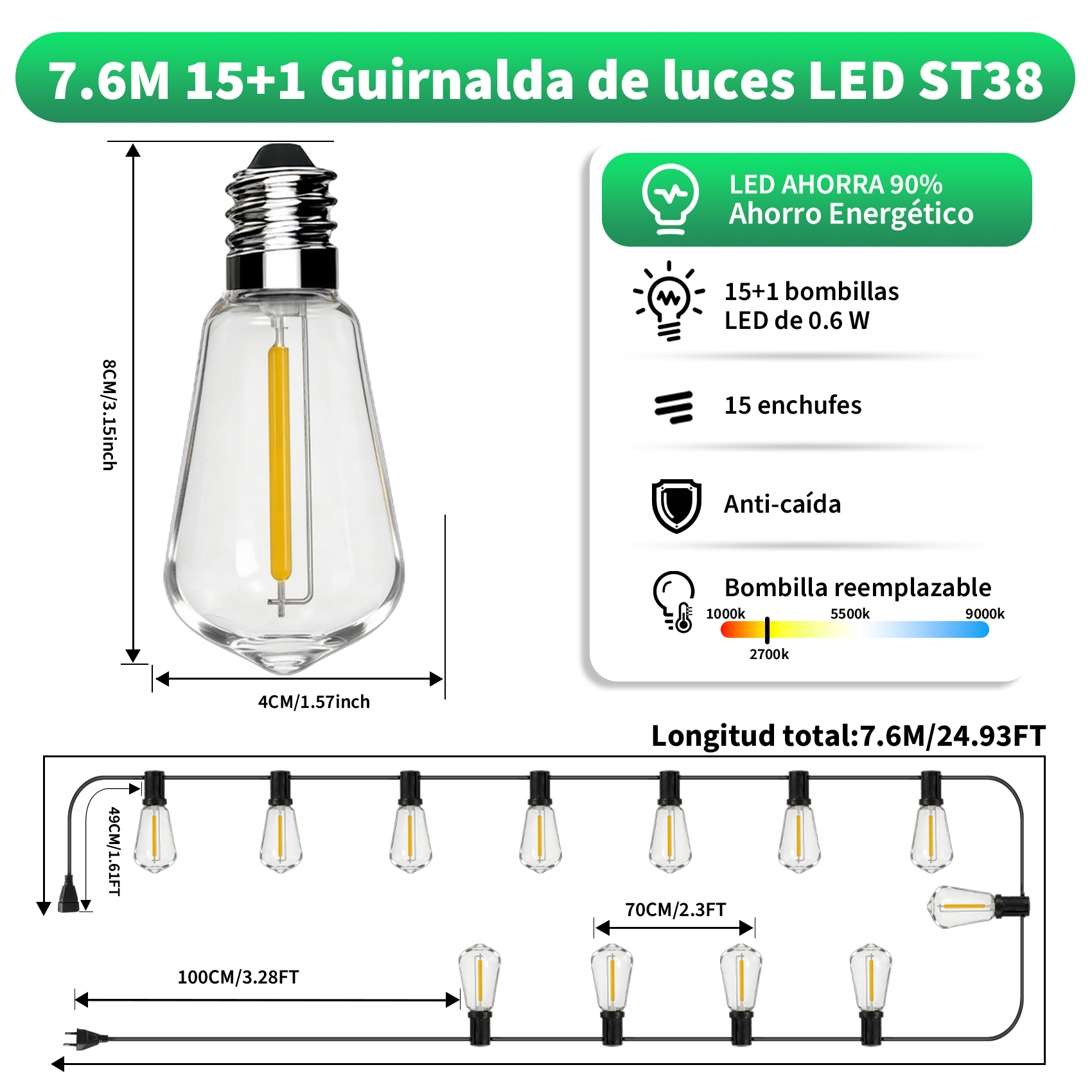Guirnalda de Luces Exterior LED ST38, Luces de Jardín Vintage Impermeable IP44, Decoración para Boda, Fiesta, Terraza y Patio, Guirnaldas Decorativas Cálidas 2700K [3m/7.6m/15m/30m]