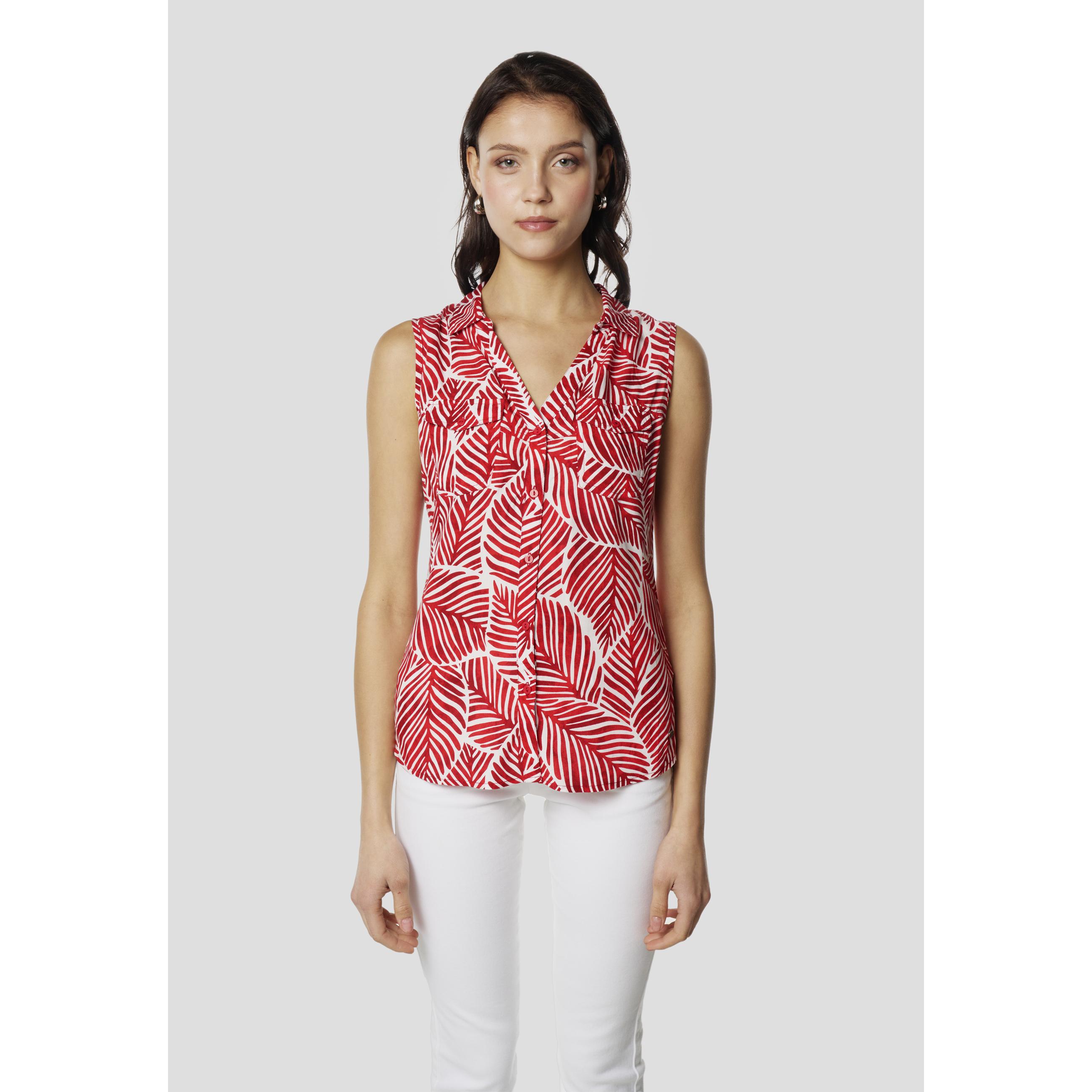 Koroshi - Blusa sin mangas de viscosa con estampado botánico de hojas, cuello camisero y cierre de botones para mujer
