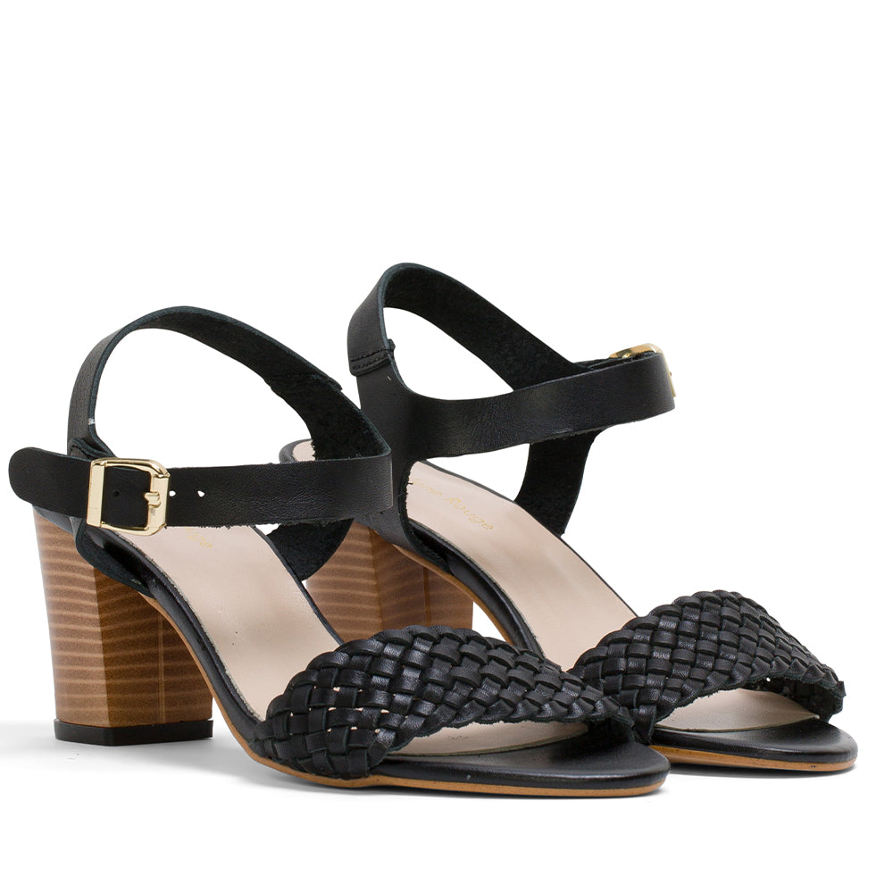 Elegante Sandalia Bonafila de Mujer en Piel Vaqueta Negra, Tacón Medio 70mm, Variedad de Tallas - Diseño Atemporal y Comodidad Óptima para Uso Diario