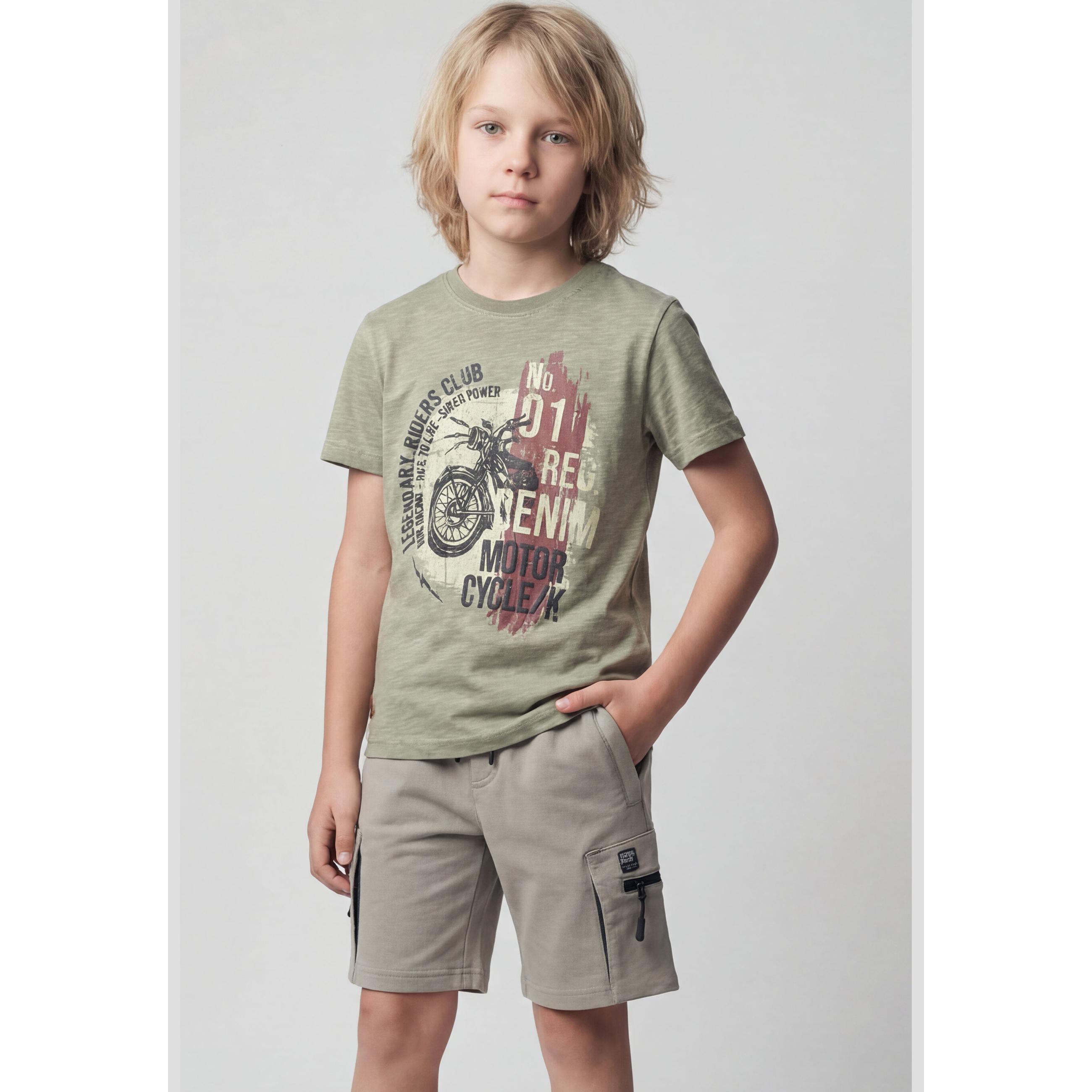 Koroshi - Camiseta manga corta estampada para niño, 100% algodón suave y transpirable, diseño motero 'Legendary Riders Club' en kaki
