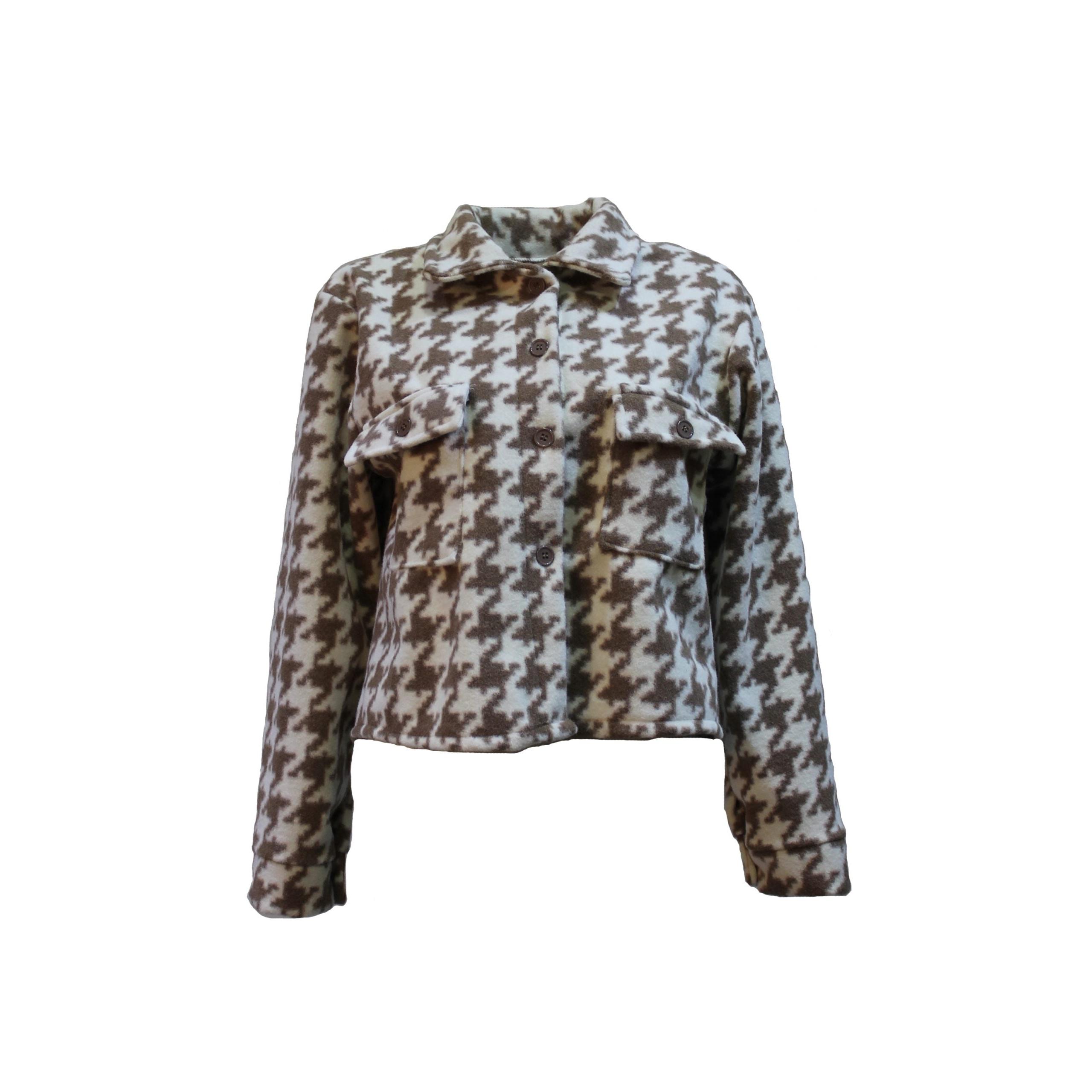 Chaqueta corta mujer, jacket, blazer, diseño pata de gallo, tejido poliéster suave, bolsillos tapeta, corte recto, estilo urbano elegante, color beige/marrón, talla única, versátil y cálida ✅Entrega 24/48h