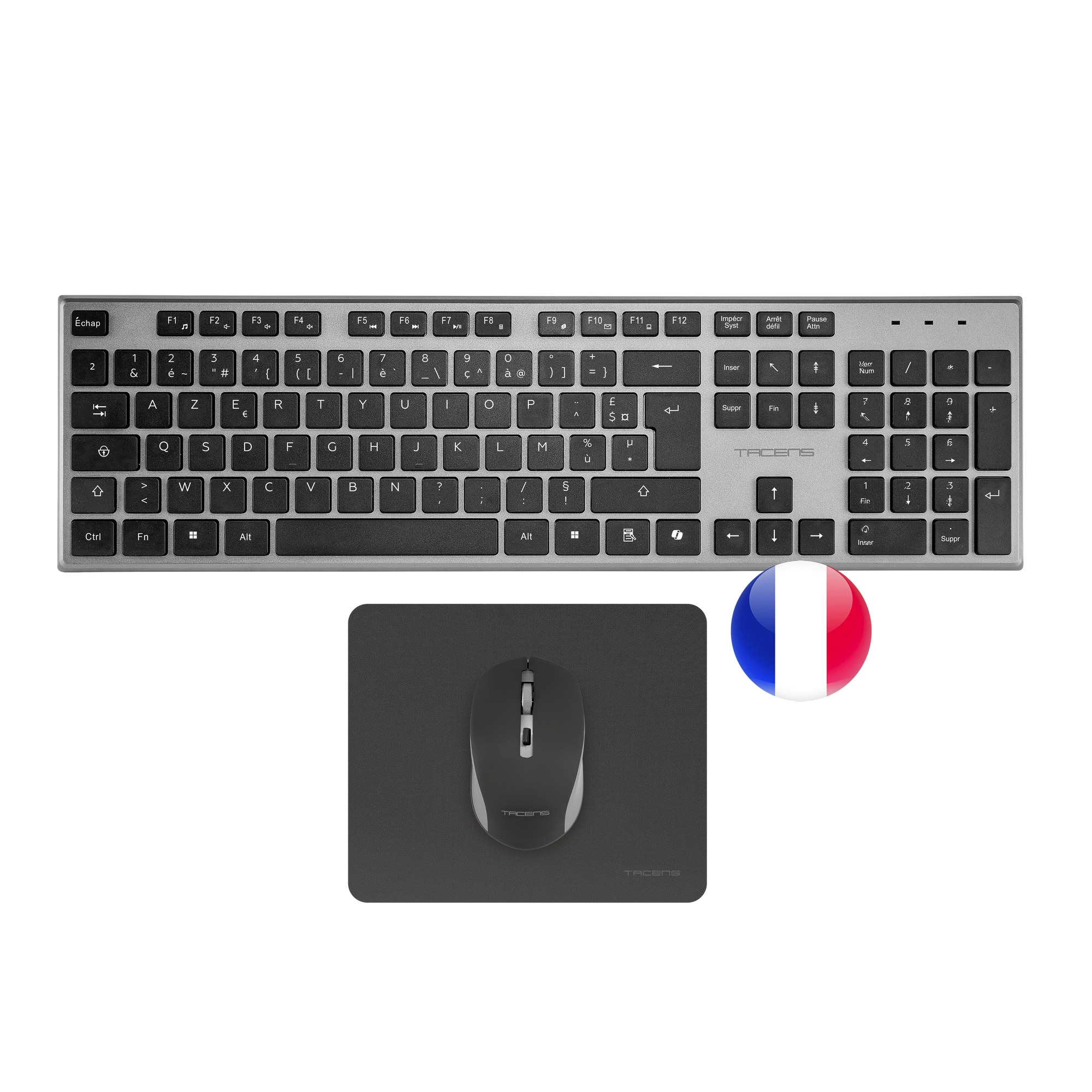 Tacens ZENITH, Combo Inalámbrico 3en1 con Tecnología DualLink 2.4 GHz, Teclado Membrana Full-Size con SmartKey Copilot AI, Ratón Óptico 3200 DPI, Alfombrilla Nanotextil, Combo PC Negro con Idioma en Español / Francés / Italiano / Portugués / Inglés US
