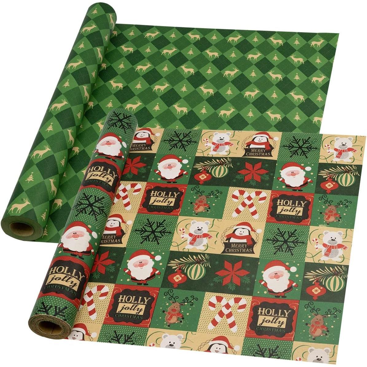 Rollo de Papel para Enver Regalos Kraft - 2 Rollos de 43 cm x 15 m Papel de regalo Navideño Kraft reciclable Diseño festivo