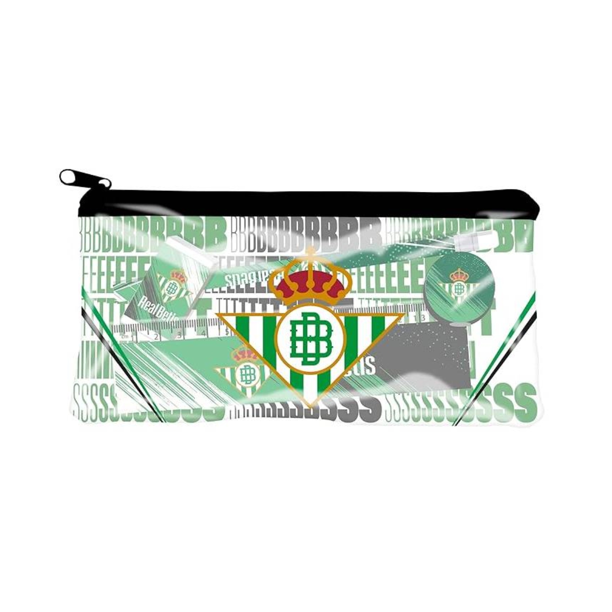 Set de papelería Real Betis Balompié | CYPBRANDS - Estuche con material escolar (regla, goma, lápiz y sacapuntas), portatodo de plástico con cremallera // Ref: GS-712-BT
