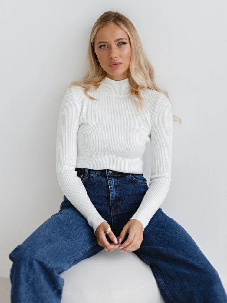 TK Suéter De Punto De Manga Larga Ribbed Para Mujer Color Sólido Ajustado Otoño Invierno Cuello Alto Estilo Casual Tops