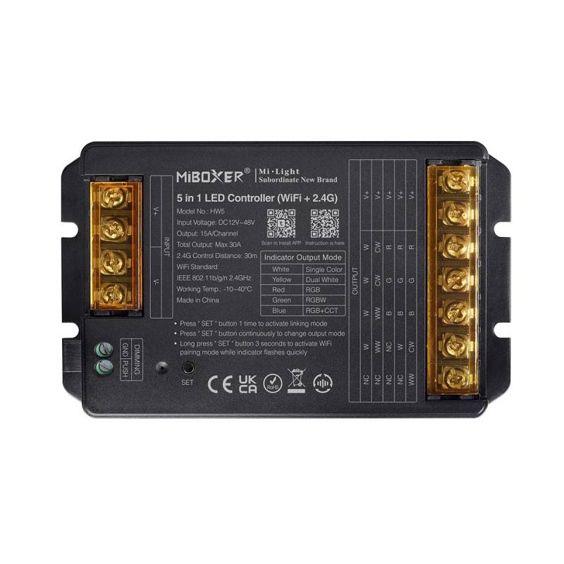 LEDBOX Controlador WiFi + 2.4G RF, DC12-48V, 30A, 5 en 1 (MONO, CCT, RGB, RGBW, RGB+CCT). Sistemas de control, Regulación RF 2,4GHz