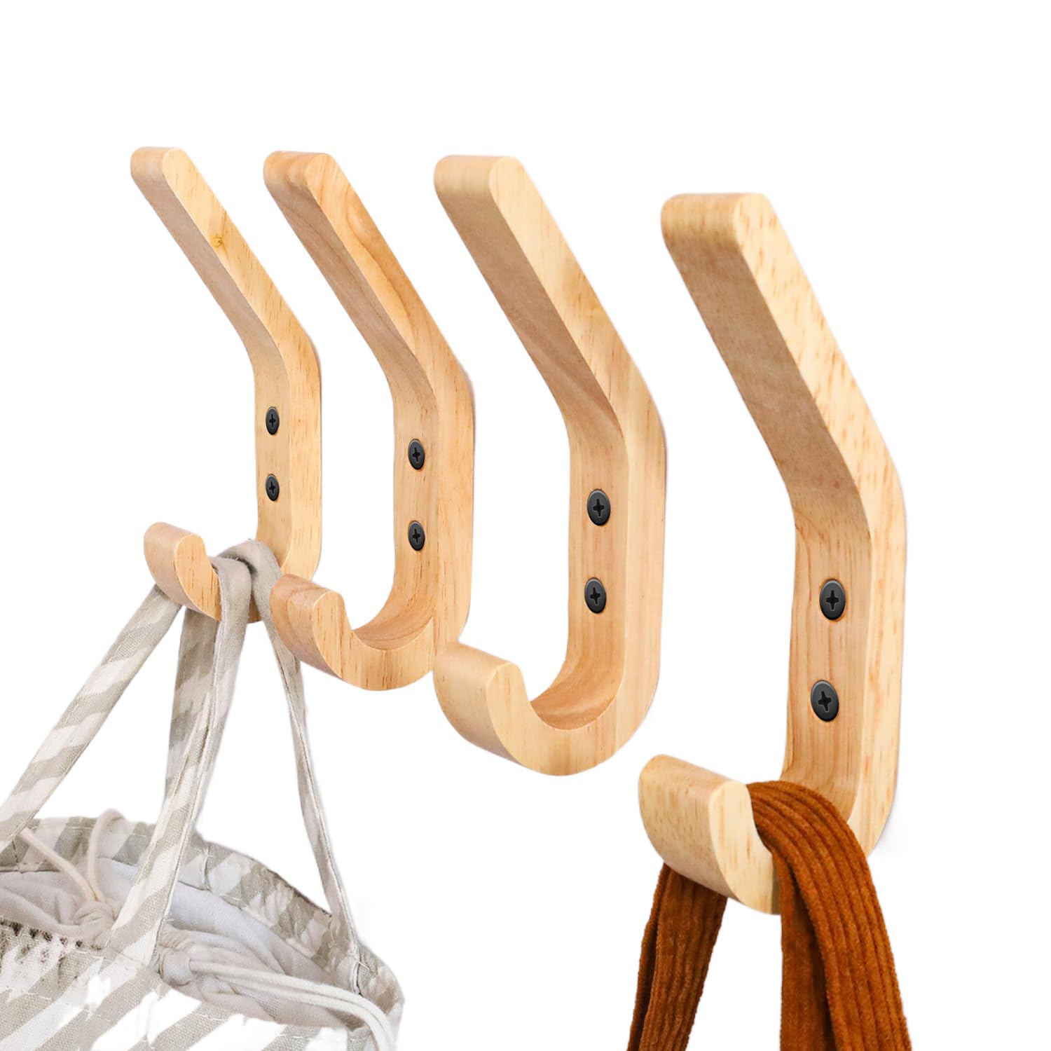 TK 4 Piezas Percheros de Madera, Ganchos para Ropa Tipo J de 155 mm, Percheros para Pared, Material de Roble Grado A, Pulido a Mano, para Cocina y Dormitorio