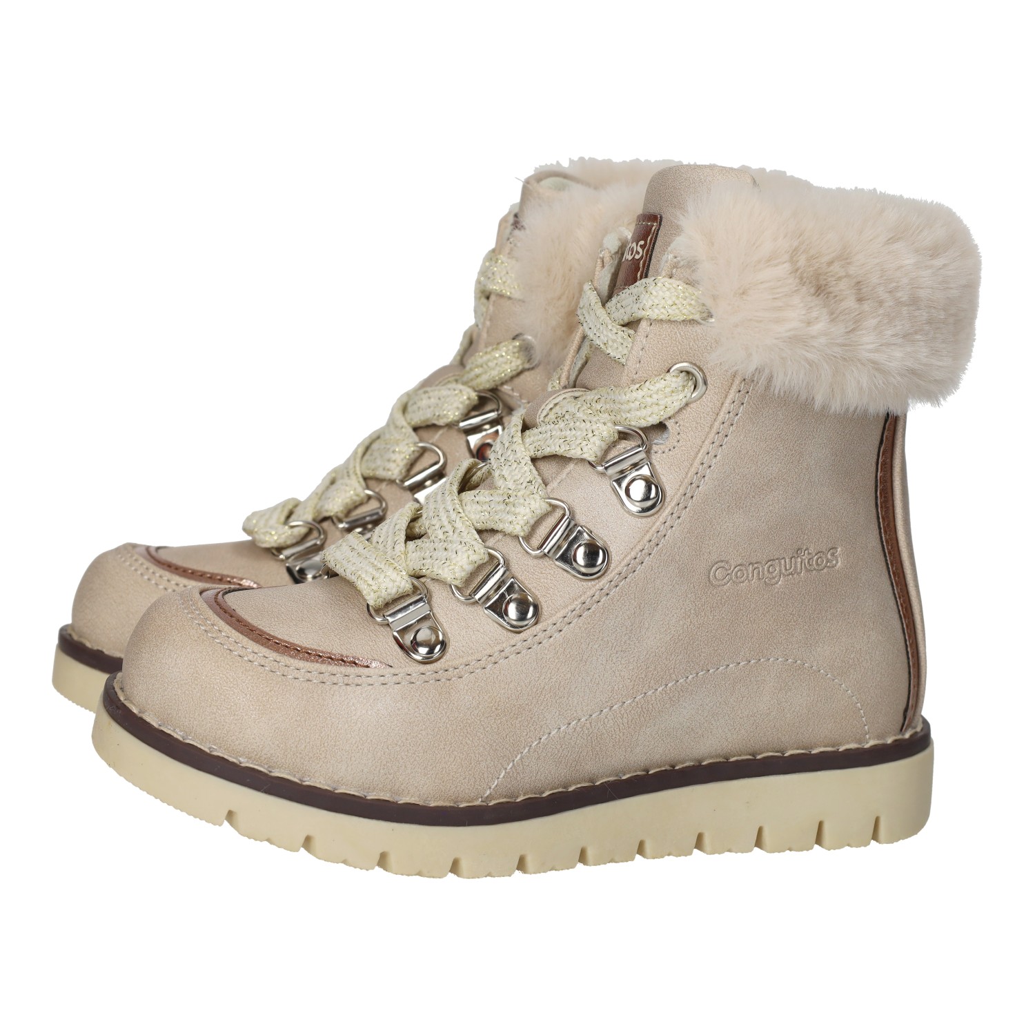 Conguitos brand boots-ankle boots for girls in beige. Beige ankle boots for girls from the conguitos brand with fur on top and closure with laces and zipper