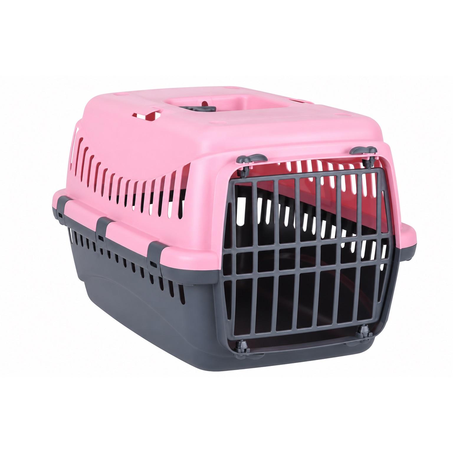 Transportín para mascotas PET TRAVEL rosa y gris de plástico resistente, compacto y ventilado para perros pequeños y gatos, ideal para veterinario y viajes en coche