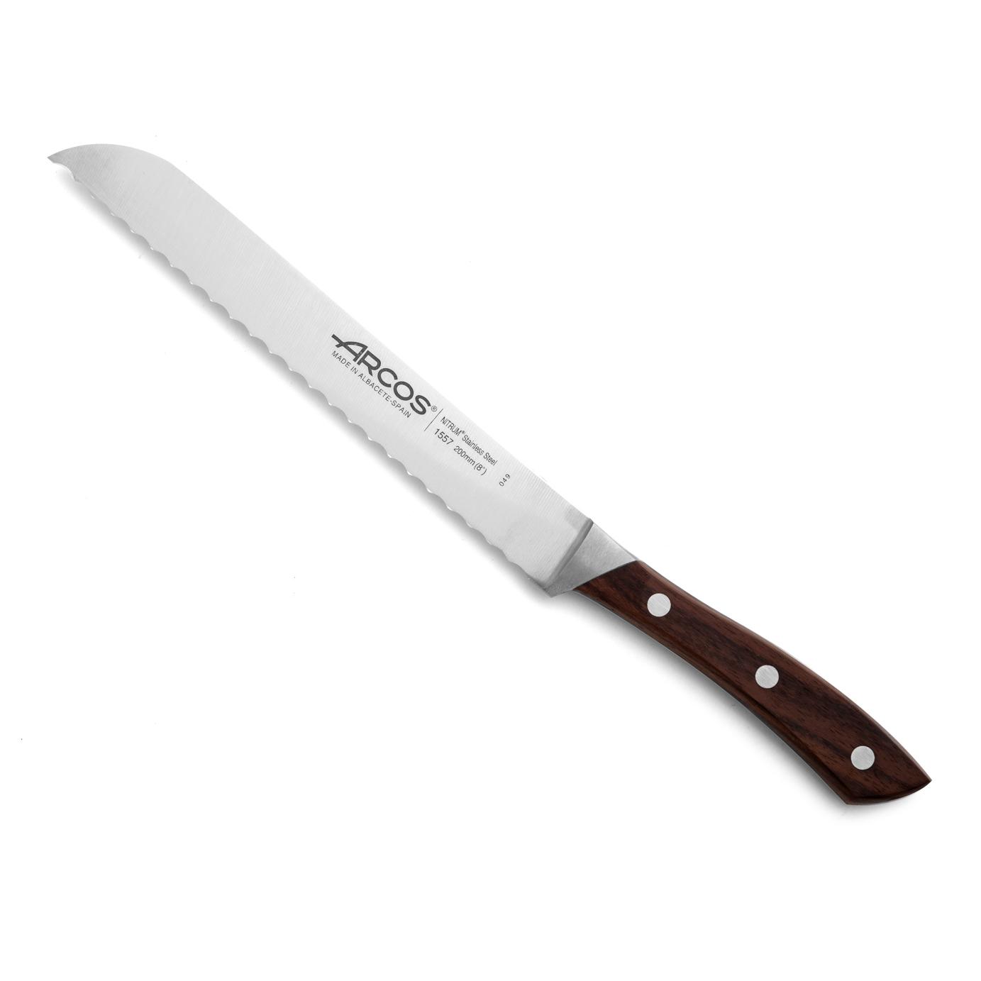 Arcos Cuchillo para pan con Hoja Acero Inoxidable Nitrum 200 mm. Obtenga una gran variedad cortes parau comida. Cuchillo ideal para uso doméstico diario. Serie Natura. Color marrón.