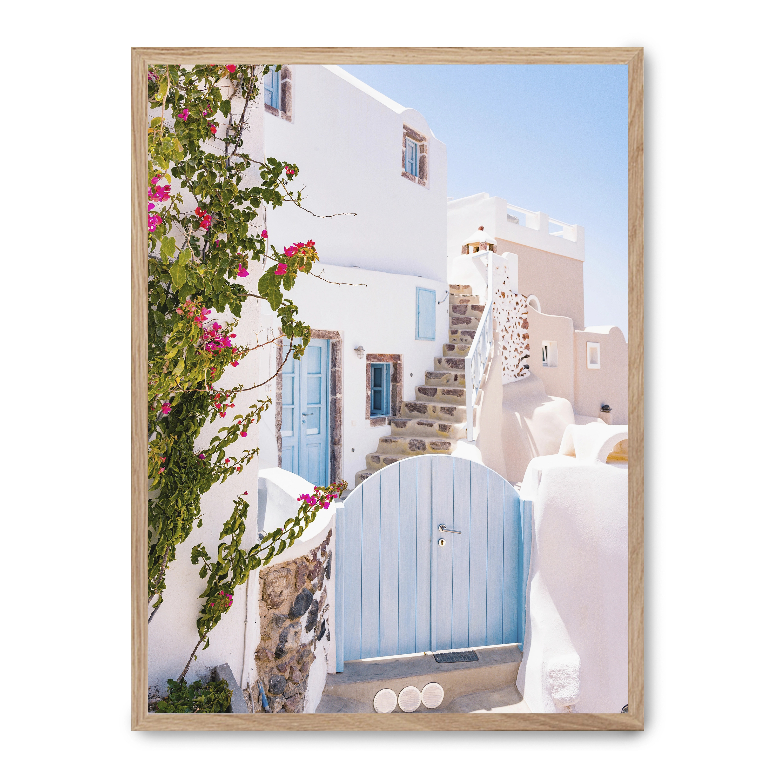 Lámina con marco negro SANTORINI VIBES 21x30 cm, Póster impreso en papel de primera calidad de 180gr, montado sobre marco de madera MDF acabado en negro., Arquitectura