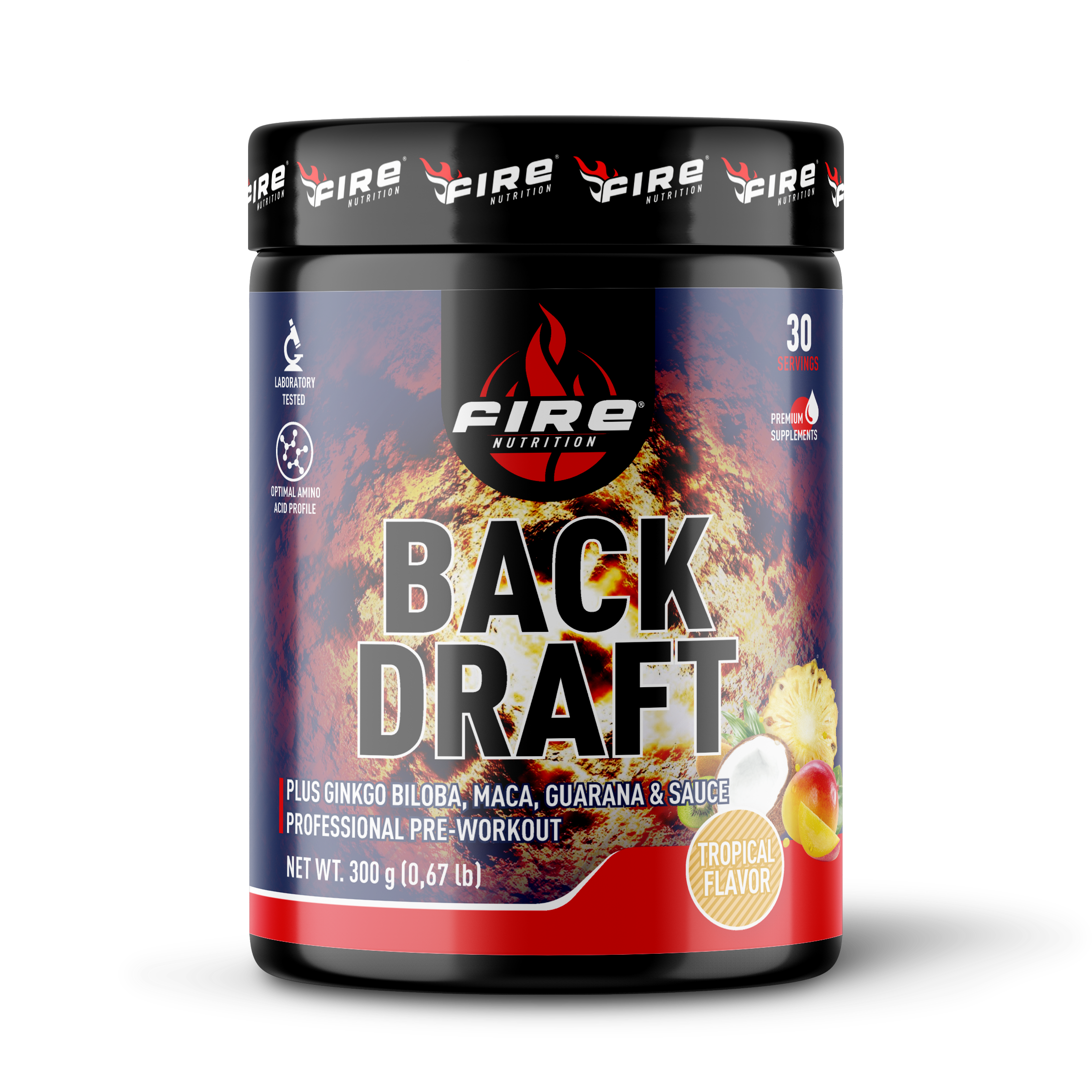 Pre-Workout Back Draft Fire Nutrition en Polvo 300 g Sabor Tropical con Guaraná, Maca y Ginkgo Biloba – 30 Servicios