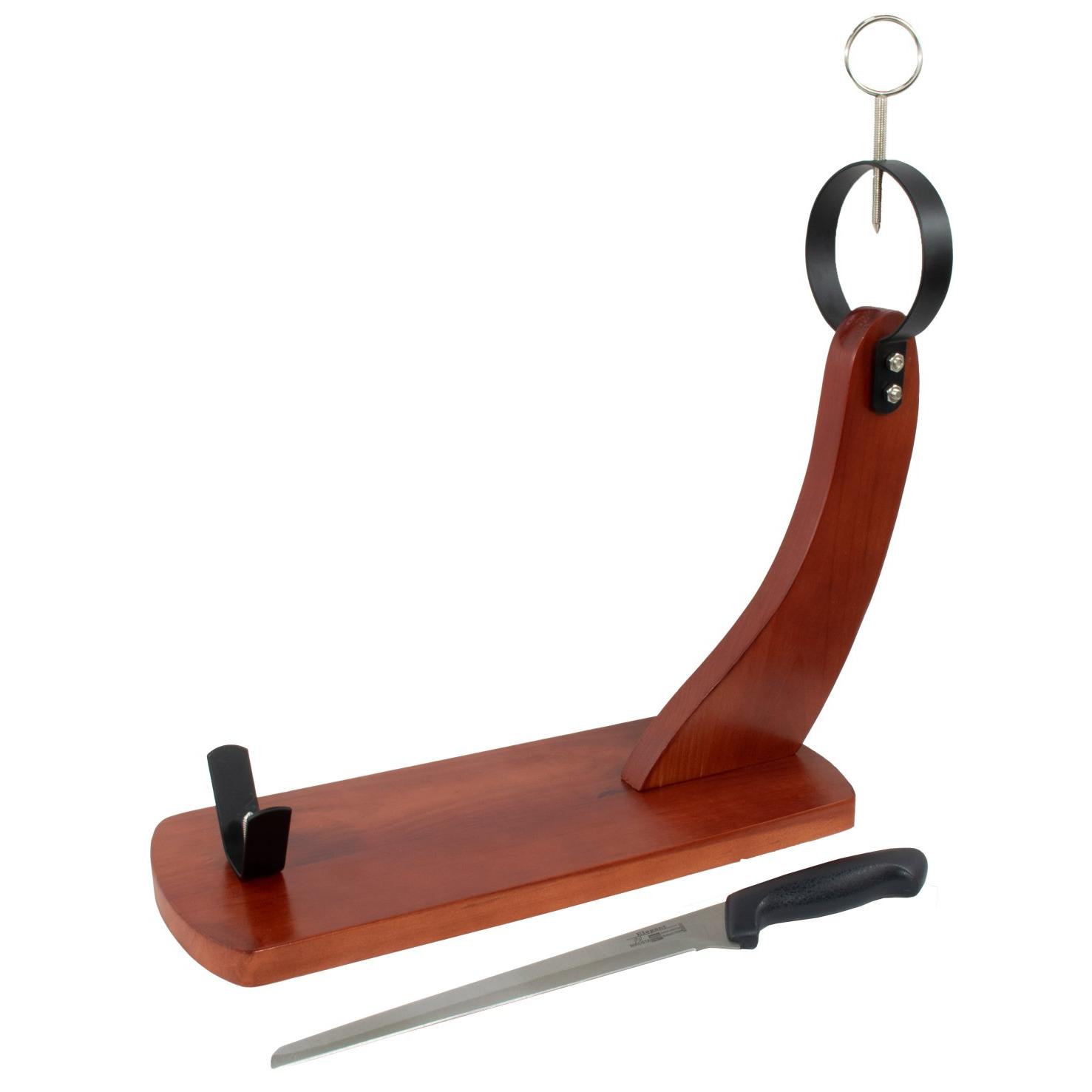 Fackelmann Set Jamonero Tipo Góndola en Madera de Pino,35x16 cm, Color Caramelo, Juego Jamonero y Cuchillo, incluye Cuchillo Jamonero Nirosta Elegant 34 cm en Acero Inoxidable de Alta Calidad