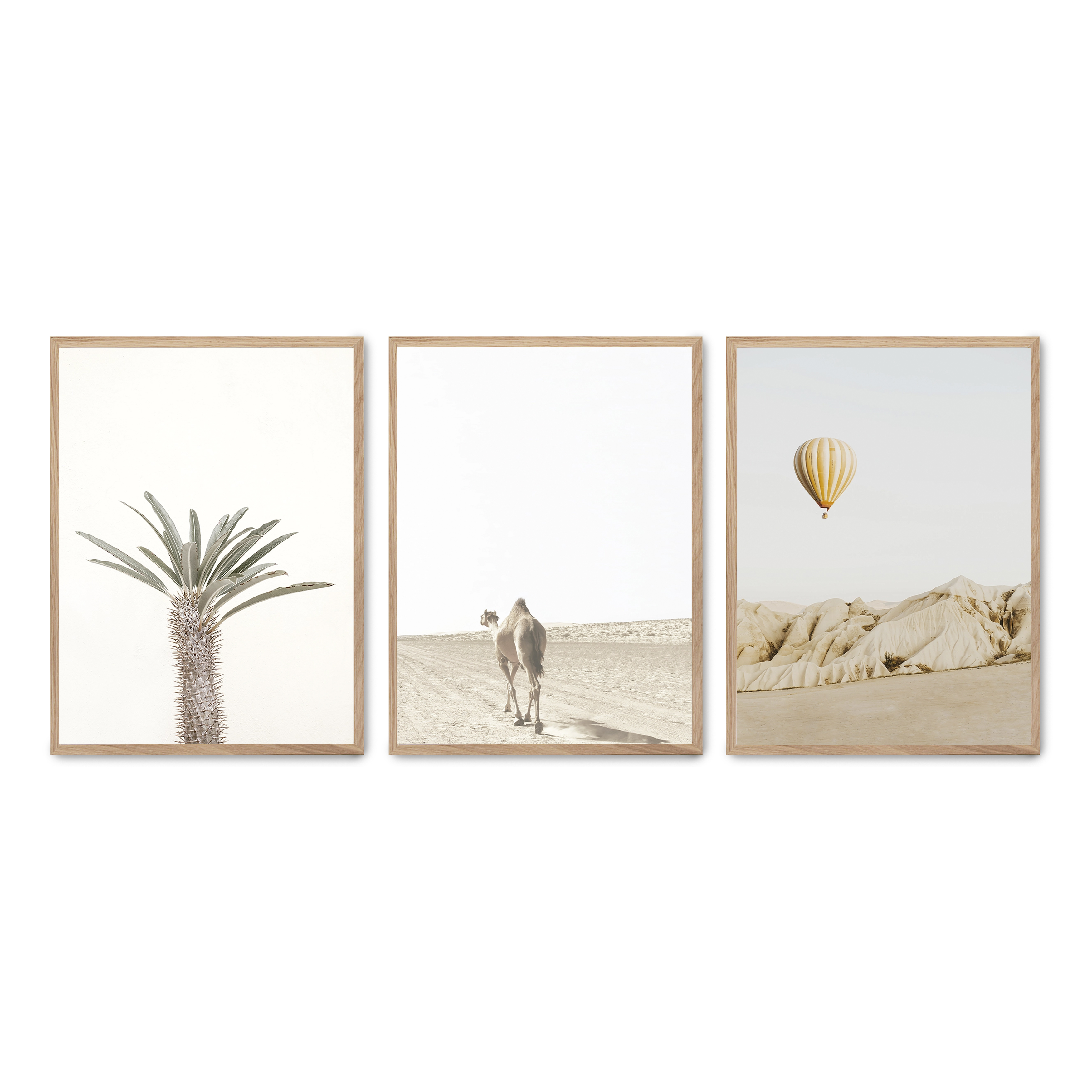 Set compuesto por tres cuadros con marco roble 30x40cm, Póster impreso en papel de calidad premium de 180gr, montado en marco de madera MDF con acabado en color roble, SETS