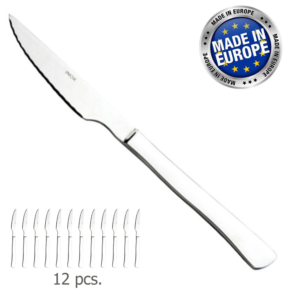ORYX Caja de 12 Cuchillos Chuleteros de Mesa Pampero 222 mm | Set de Cuchillos de Sierra para Carne en Acero Inoxidable 18/10 | Cuchillos Universales de Alta Resistencia para Hogar, Barbacoas, Restaurantes y Hostelería