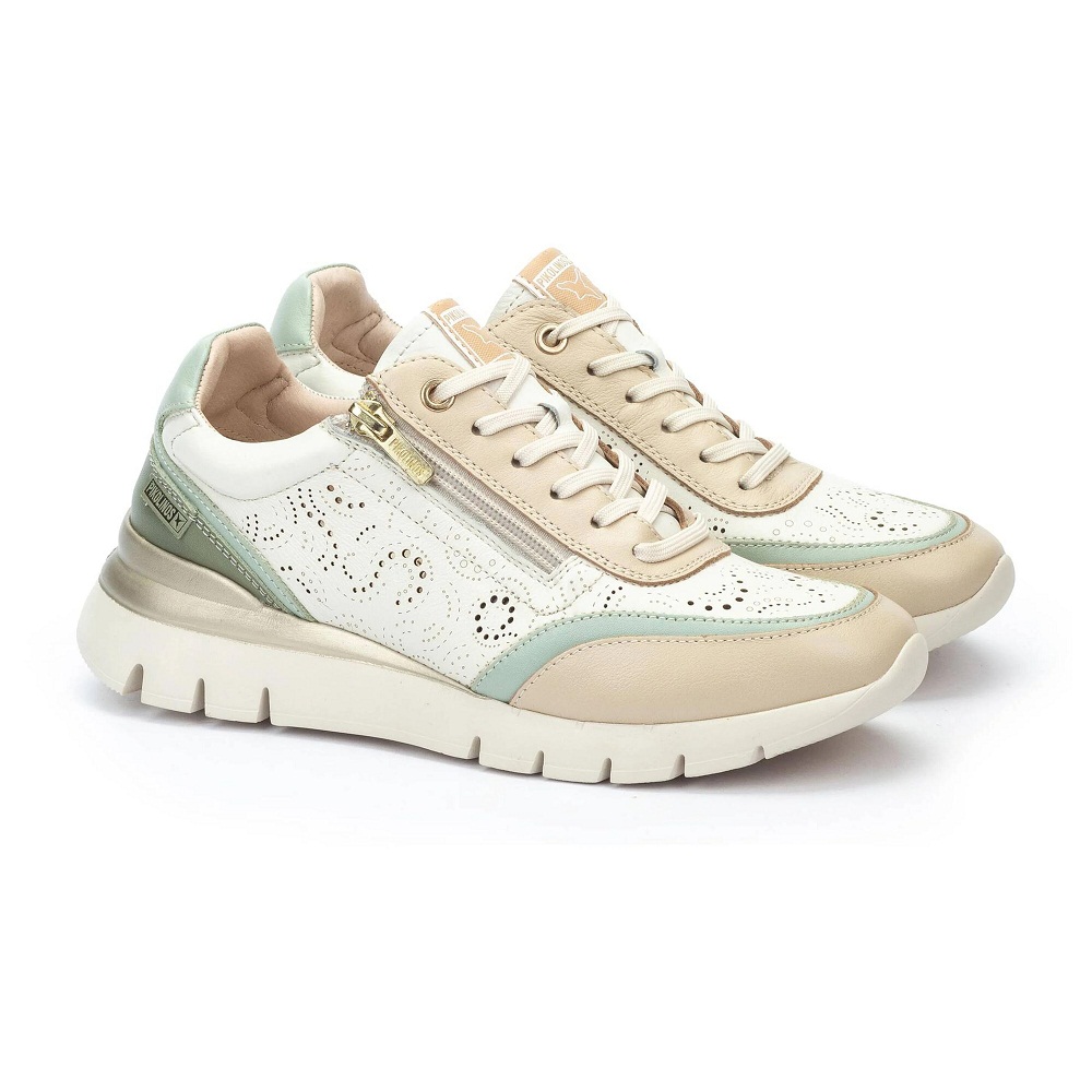 PIKOLINOS CANTABRIA W4R-6622 deportivo de piel de primera calidad color nata combinado con verde, con cordones y cremallera, ultraligero.