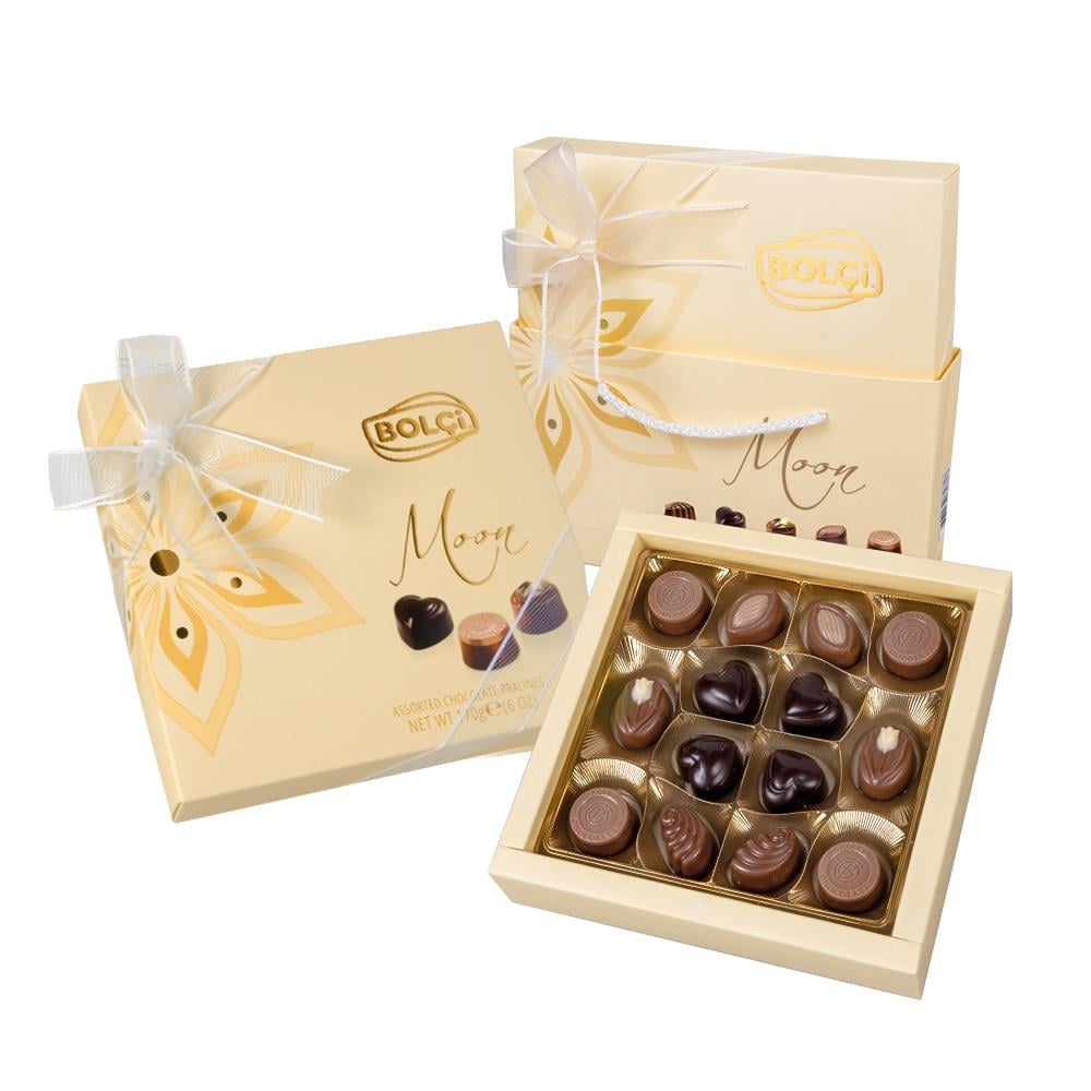 Bolçi - Pralinés Moon 130 gr. 14  bombones de chocolate surtido  leche blanco negro 130 gr con bolsa de regalo a juego