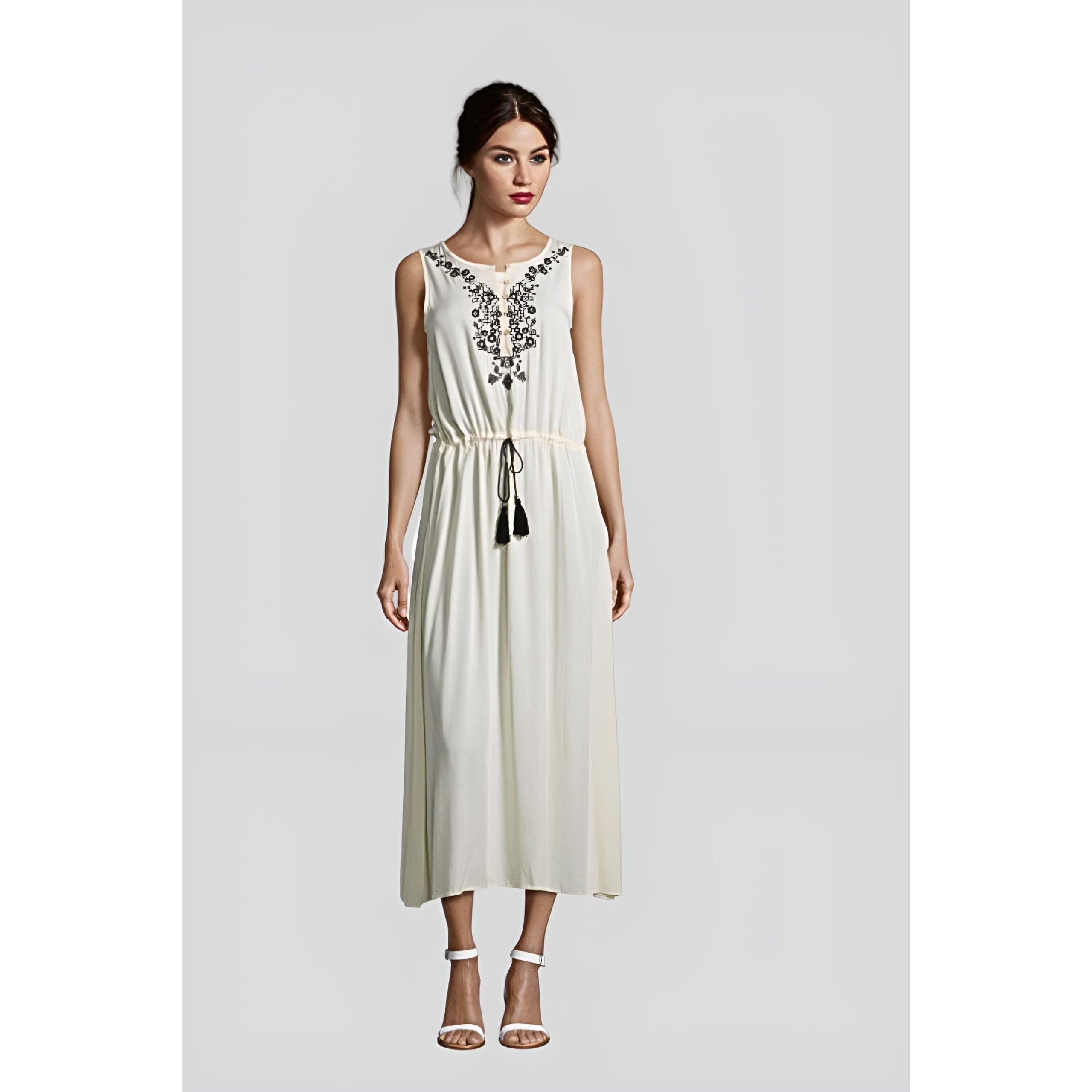 Vestido largo mujer algodón, dress sin mangas bordado étnico, cintura ajustable, cuello redondo, modelo casual elegante, talla 38, color blanco ideal verano, cómodo y fresco, outfit versátil ✅Entrega 24/48h