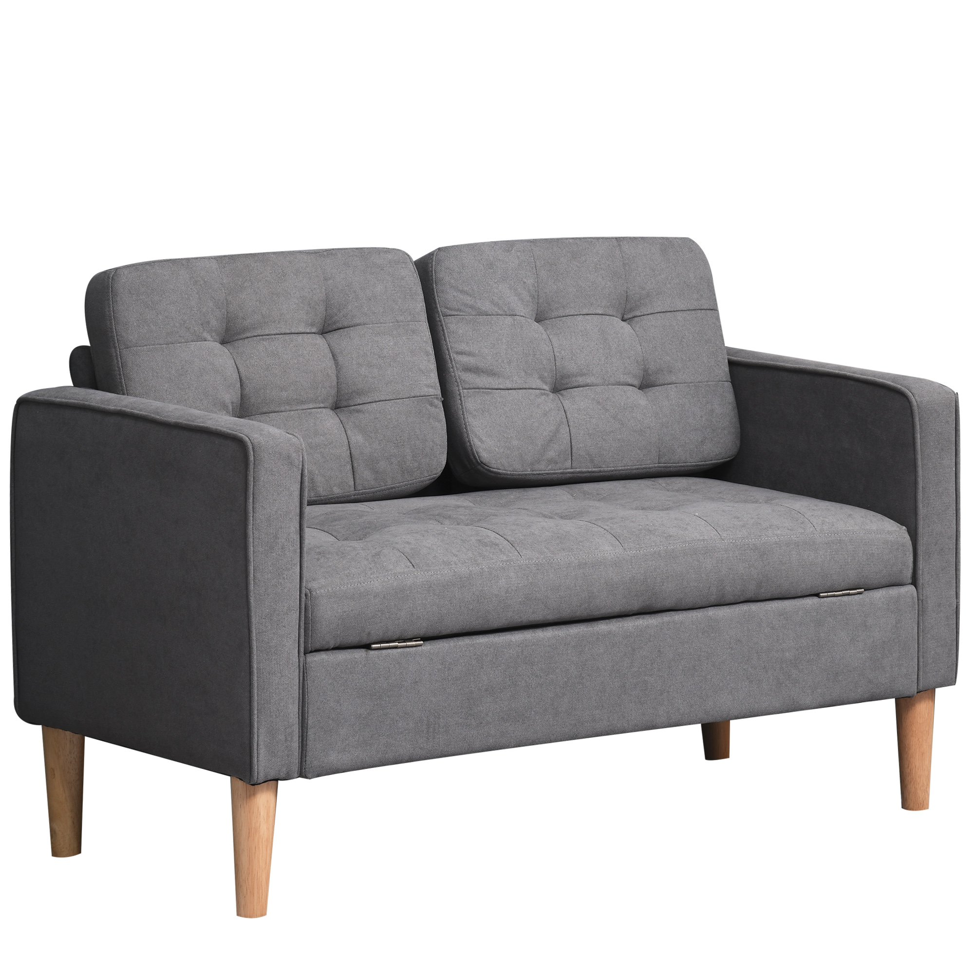 HOMCOM Sofá 2 Plazas, Sofá con Espacio de Almacenamiento, Patas de Madera, Sofá Tapizado Acolchado, Sofá Doble con Aspecto de Terciopelo para Salón, Dormitorio, 117x 62 x 78 cm, Gris
