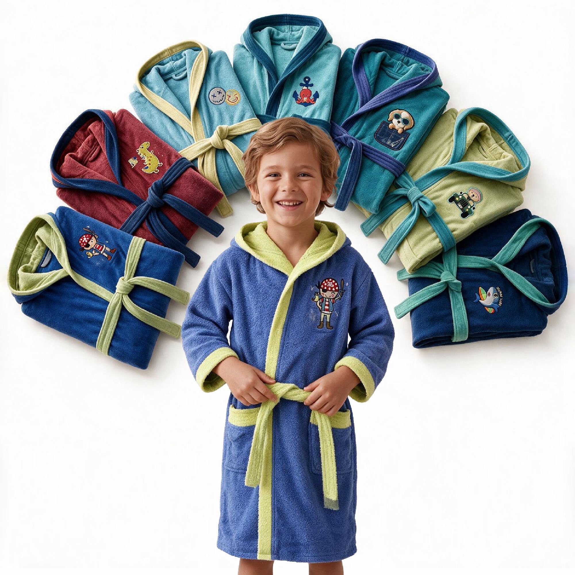 Albornoz infantil niño 100% algodón con capucha y bordado Suave y Absorbente - STILIA