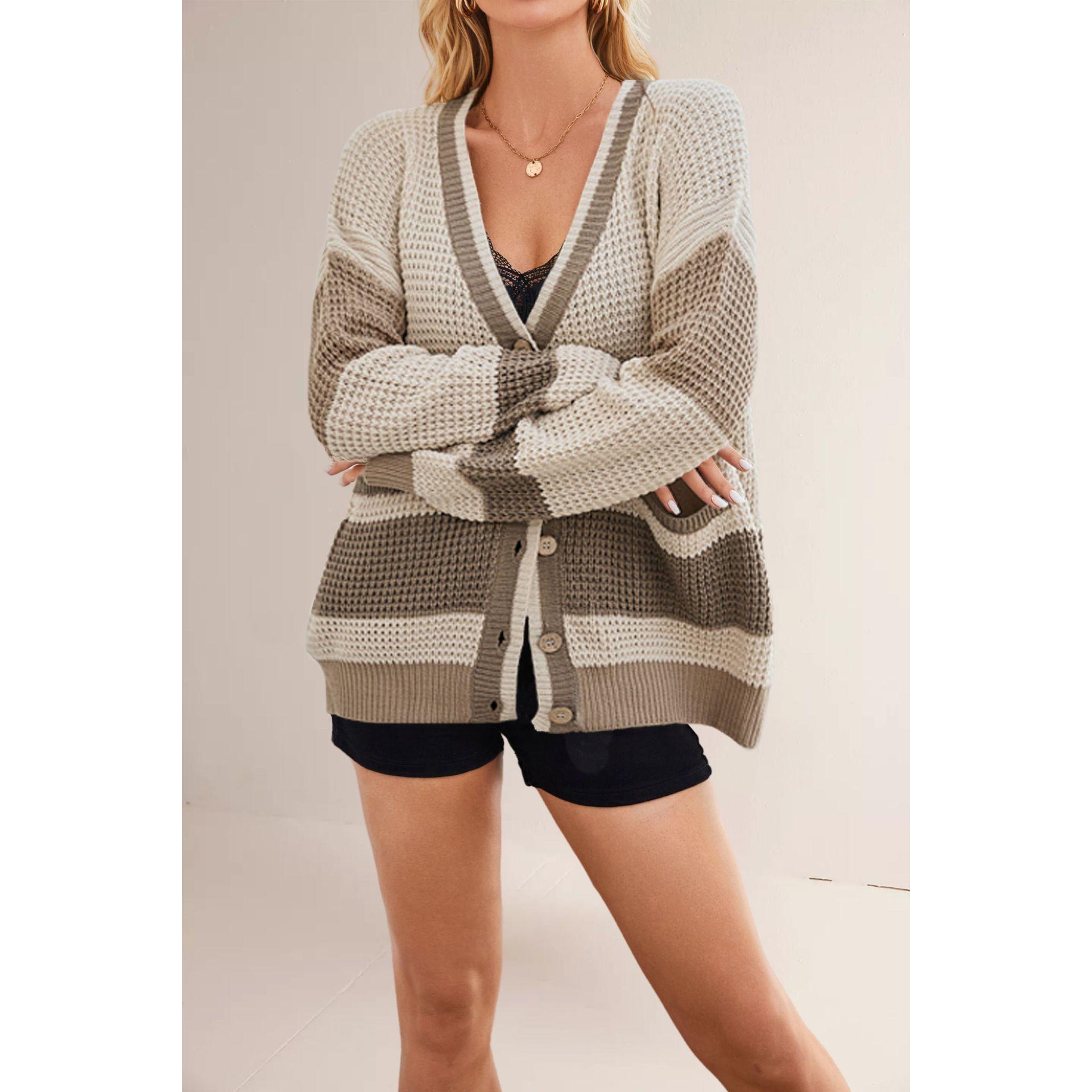 TK Suéter de punto para mujer, otoño/invierno, con cuello en V, talla grande, bolsillos y bloques de color.