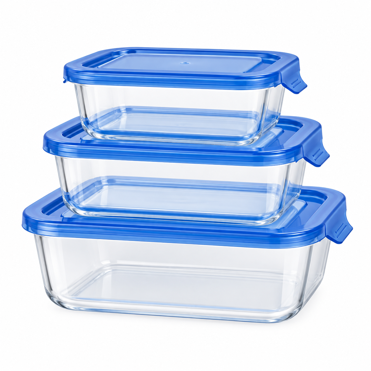 QUTTIN Set de 3 Fiambreras Hermética de Cristal con Tapa Azul | Táper de Vidrio Borosilicato | Apto para Microondas, Horno, Congelador y Lavavajillas | Rectangular, Cuadrada y Redonda