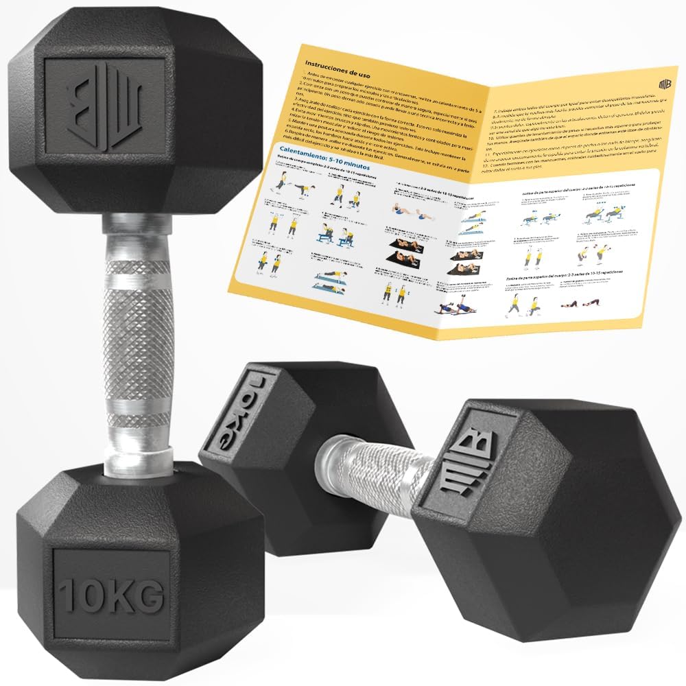 Mancuernas hexagonales de caucho profesional 10 kg, 15 kg, 20 kg, 25 kg y 30 kg - pesas antideslizantes con agarre ergonómico y barra cromada para gimnasio, fitness y musculación. MANIBOOM