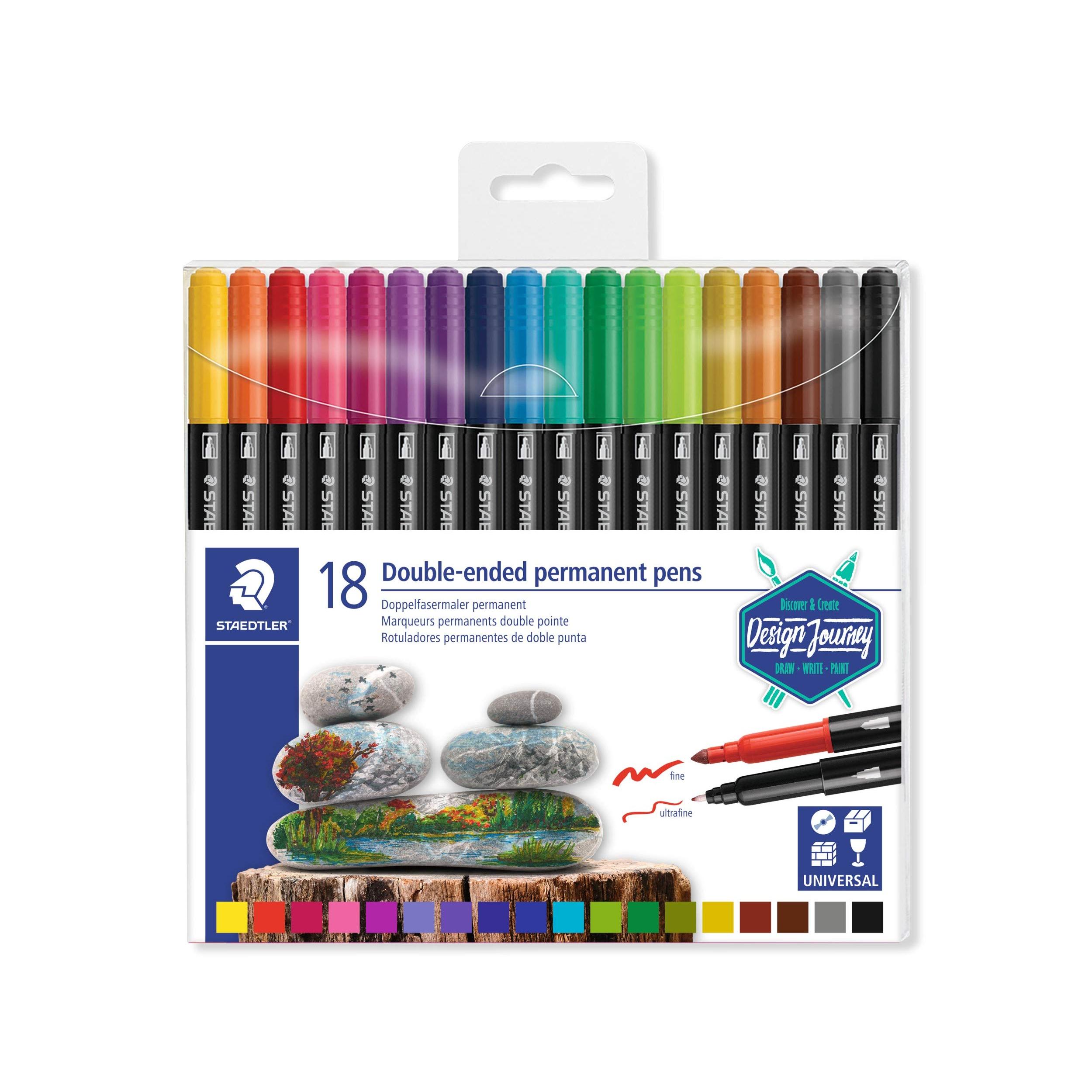 STAEDTLER Design Journey 3187 TB18, Rotuladores Permanentes de Doble Punta, Caja con 18 Marcadores de Colores Variados