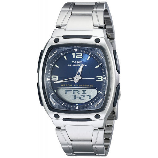Reloj deportivo clásico hombre Casio AW-81D-2A dial azul correa acero inoxidable 30 telememo 10 años batería Hora Mundial