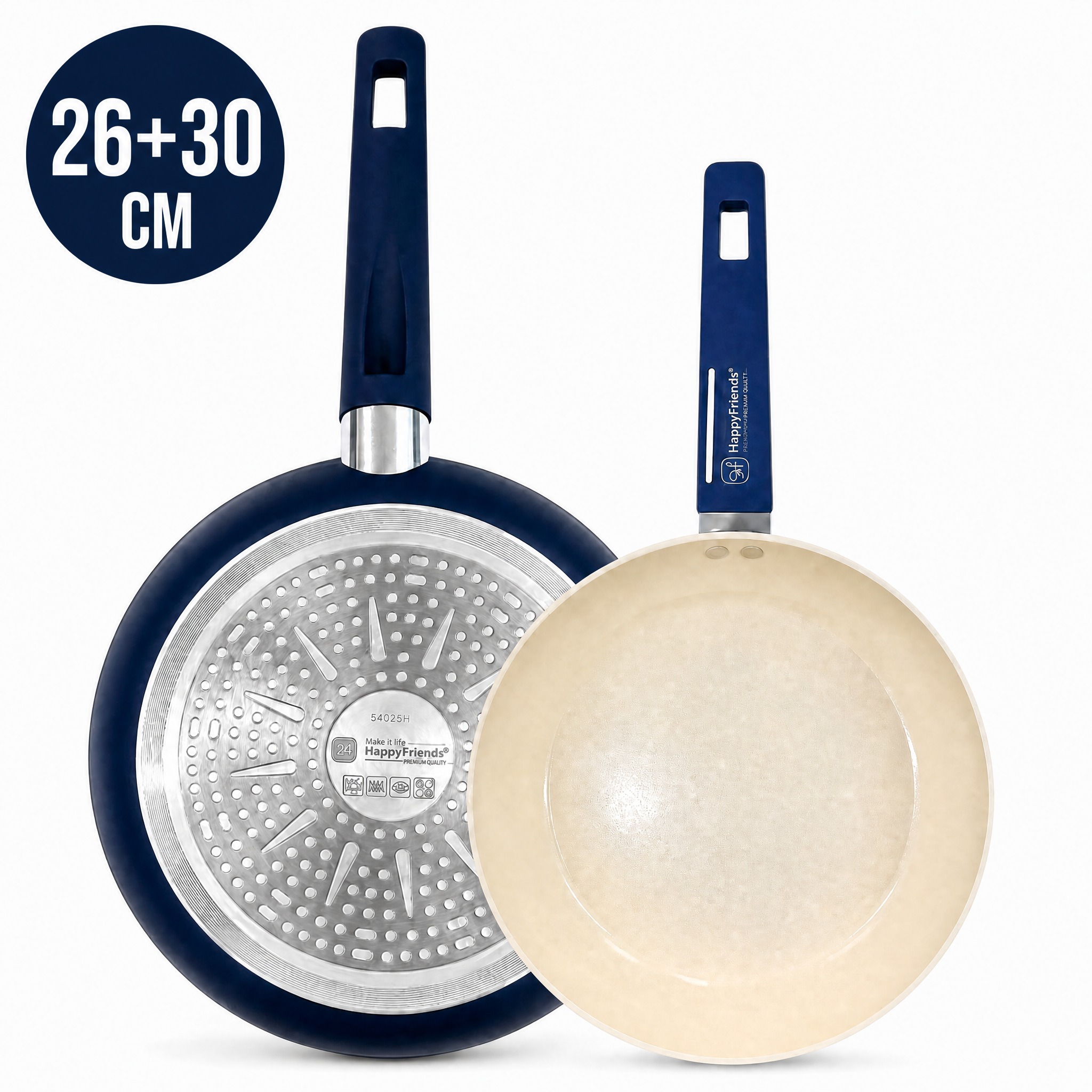 Juego de 2 Sartenes de Cocina de Aluminio con Revestimiento Cerámico | Inducción y Vitro | Antiadherente Premium Libre de PFOA y PFAS | Mango Soft-Touch | Varios sets a Elegir (20-30 cm) | HAPPY FRIENDS