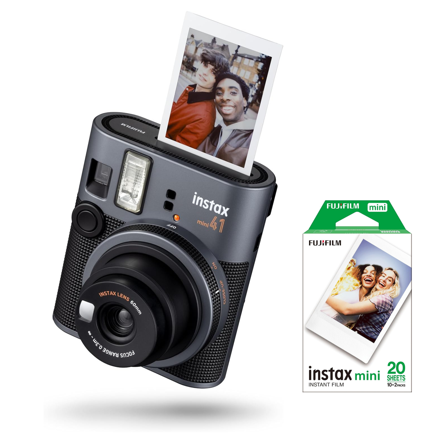 Fujifilm Instax mini 41 - Cámara Moderna con Diseño Clásico Instantánea + Papel Instax Mini Película Fotográfica Instantánea 2 x10 Fotos o Pack 20 Hojas | Autoexposición | Flash Incorporado | Mini Espejo Modo Selfie y Primeros Planos | Elige tu PACK