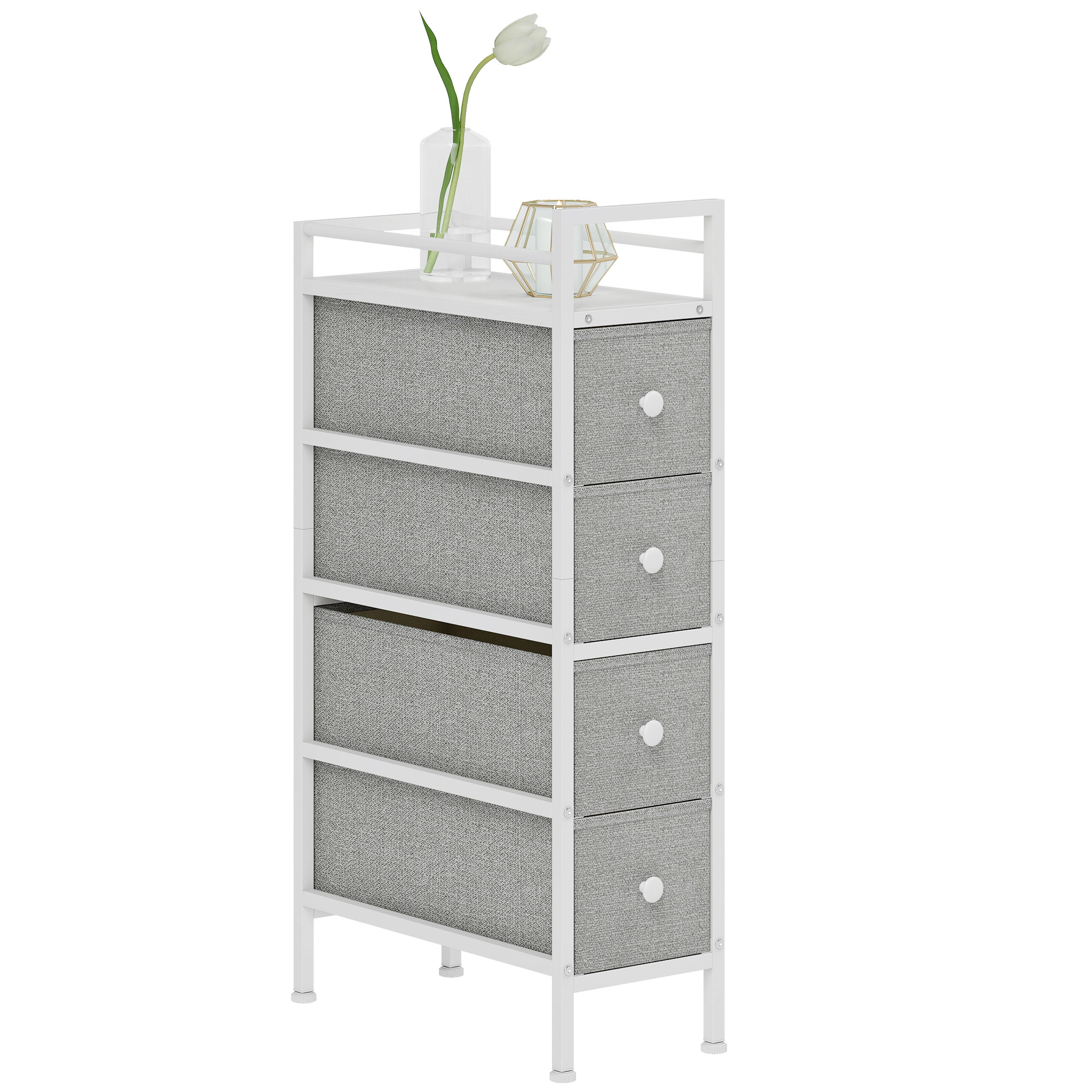 HOMCOM Cómoda con 4 Cajones de Tela, Cómoda para Dormitorio Estrecha con Marco de Acero, Cajonera para Espacios Pequeños, Sala de Estar, Vestidor, Baño