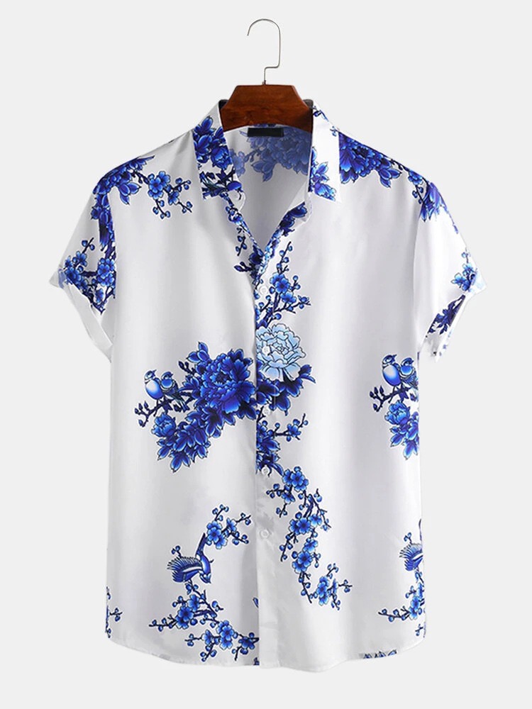 TK Camisa Estampada Para Hombre Estilo Europeo Y Americano Casual Con Flor De Cerezo Corta Manga Y Cuello En V Talla S-3XL
