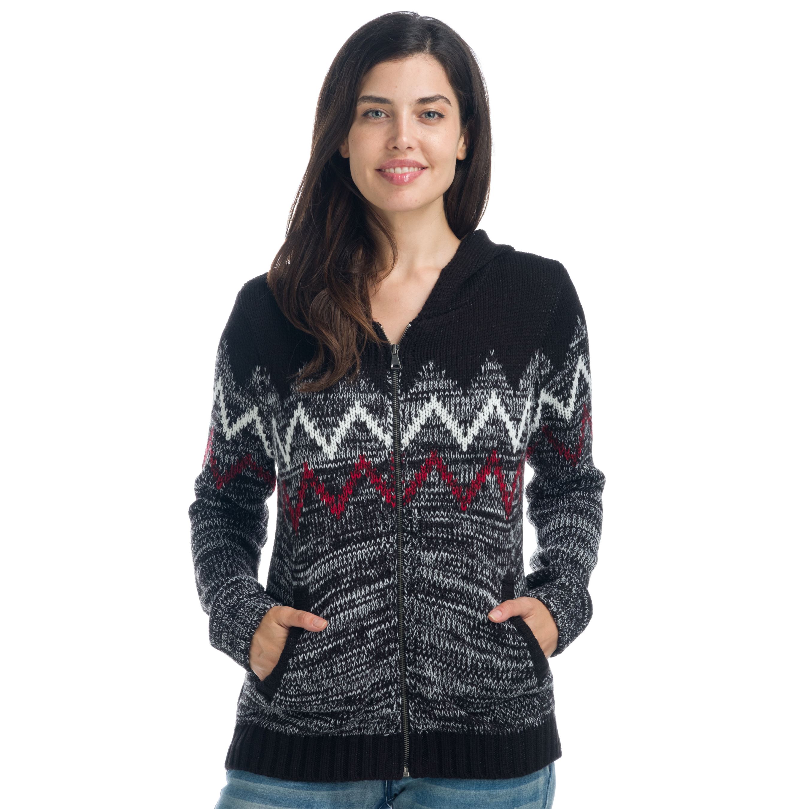 Koroshi - Chaqueta de punto mujer con capucha y estampado zig zag en negro jaspeado, 100% acrílico grueso para entretiempo e invierno