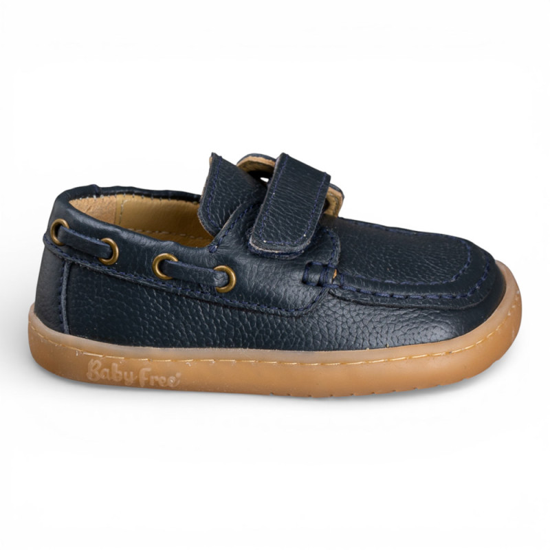 Chetto - Zapatos náuticos barefoot de piel azul marino para niños con suela flexible y cero drop