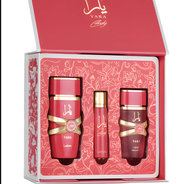 Pack 3 unidades Yara Candy 100ml ,Yara Candy de viaje 12 ml + Perfume de pelo 50ml Lattafa ,Set de 3 piezas Ideal para regalar ,Fragancias orientales exoticas,femeninas NOVEDAD LATTAFA