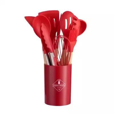 OmHom Set De Utensilios De Cocina Ecológicos De Silicona No Adherente Con Mango De Madera 12 Piezas Incluye Espátula Shovel Batidores De Huevo Herramientas De Cocina