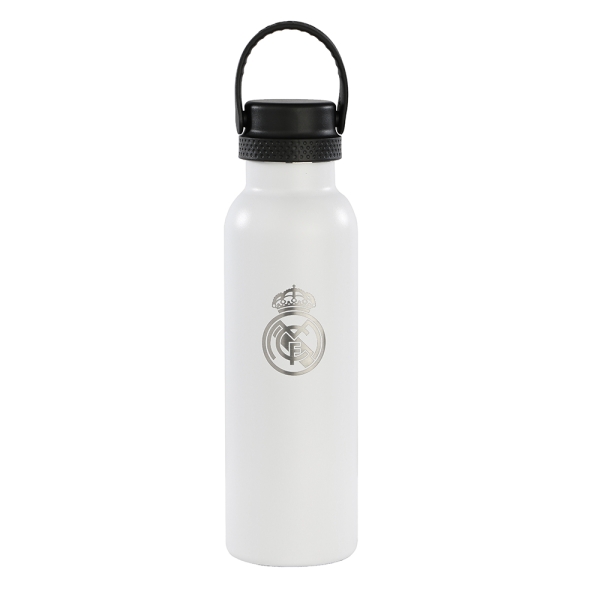 Safta real madrid 1ª equipacion 24/25 botella reutilizable 600ml - doble pared con aislamiento - base de silicona - conserva temperatura 12h caliente / 24h caliente - 25x7.3x7.3cm - color blanco/negro