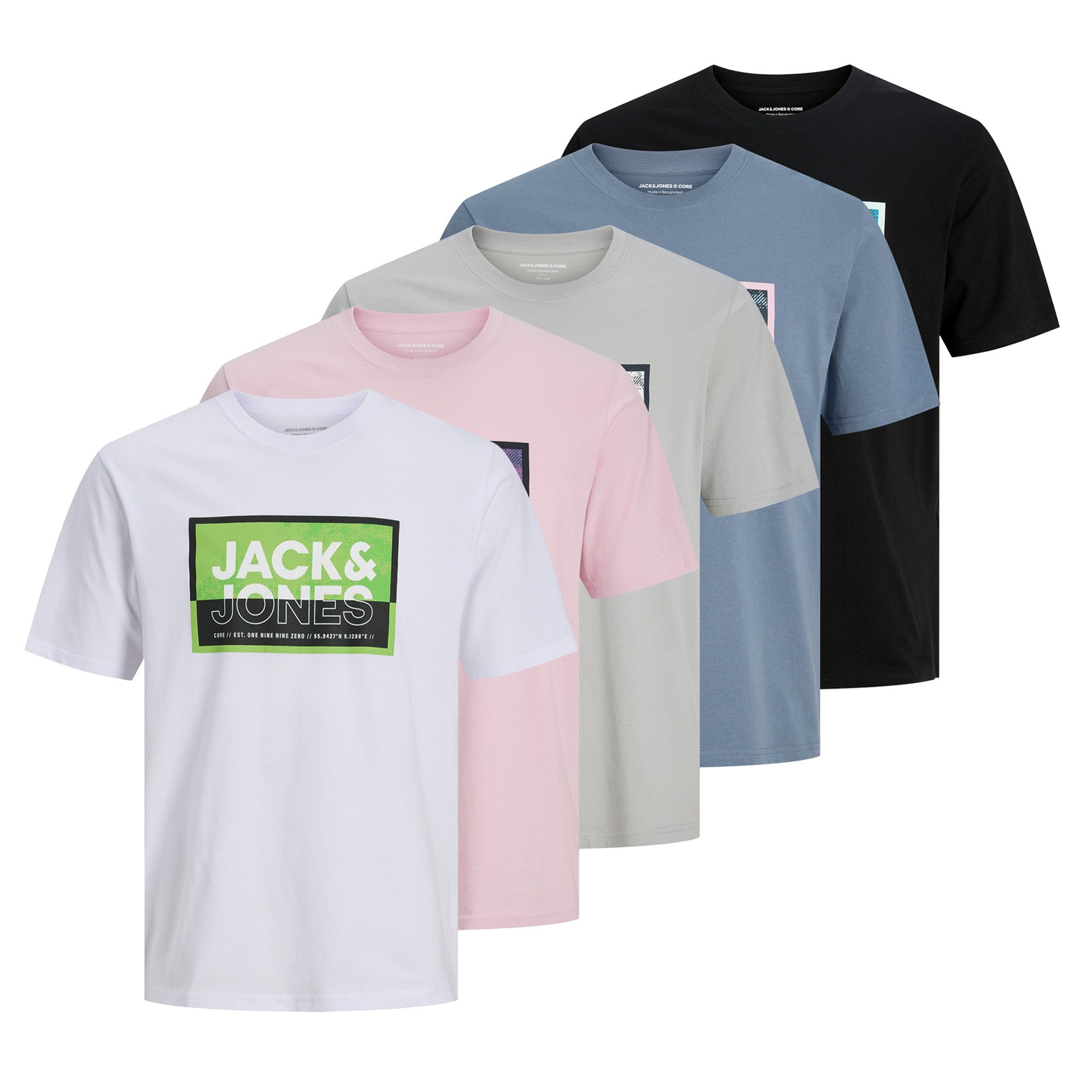 JACK&JONES Camisetas de hombre, pack de 5 - JCOLOGAN SUMMER PRINT, cuello redondo, algodón JCOLOGAN SUMMER PRINT TEE CREW 5PK MP