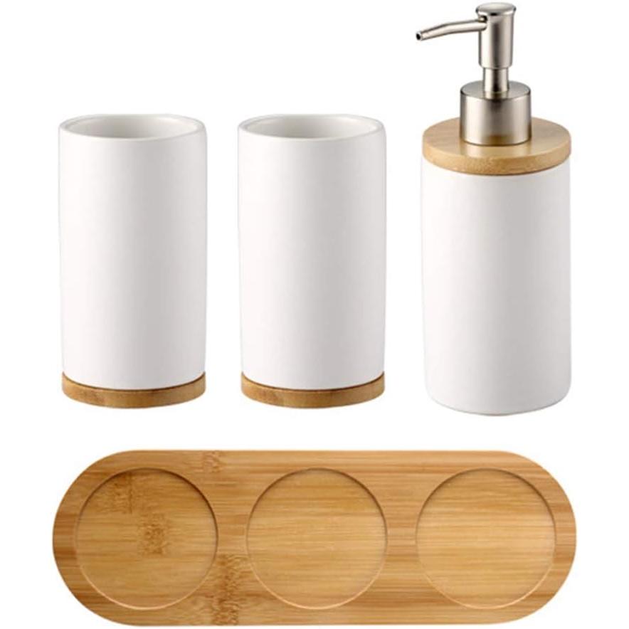 TK Juego de 4 accesorios de baño de cerámica, soporte para cepillo de dientes, dispensador de jabón, vaso y bandeja de bambú