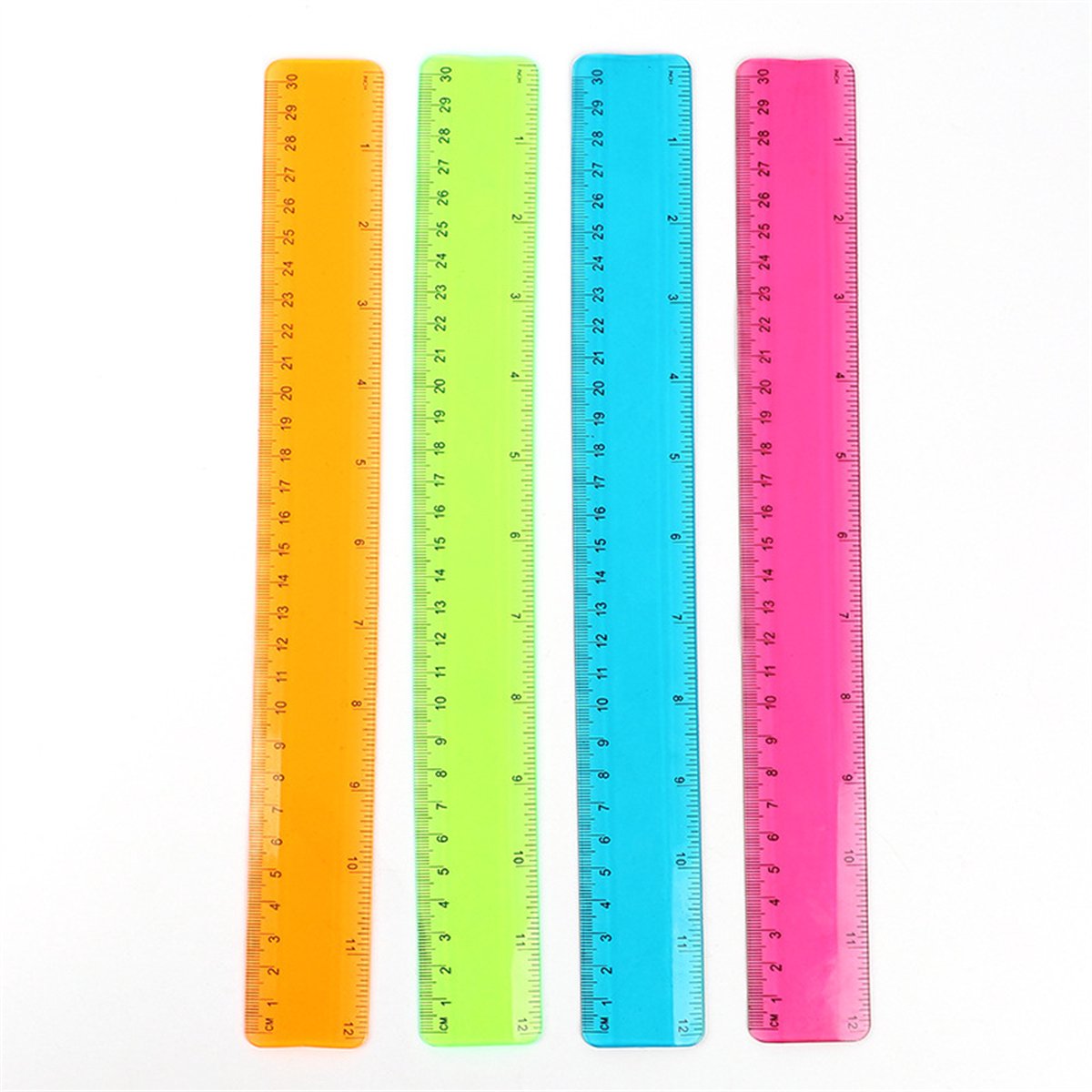 Juego de reglas de plástico - Cinta métrica de PVC - Instrumento de medición colorido - Regla recta resistente - Para estudiantes y oficina - 30,5 cm (12 pulgadas) - 4 piezas