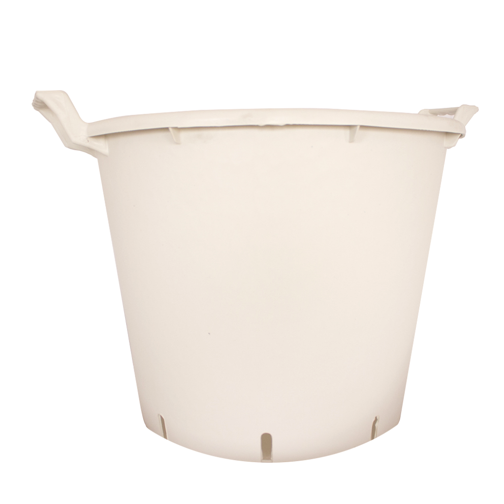 2 Unidades Maceta grande Blanca exterior con asas. Muy resistentes al calor y heladas, plastico inyectado.  Agujeros de drenaje lateral. Medidas 50 x 38 cm.  Capacidad 50 Litros.